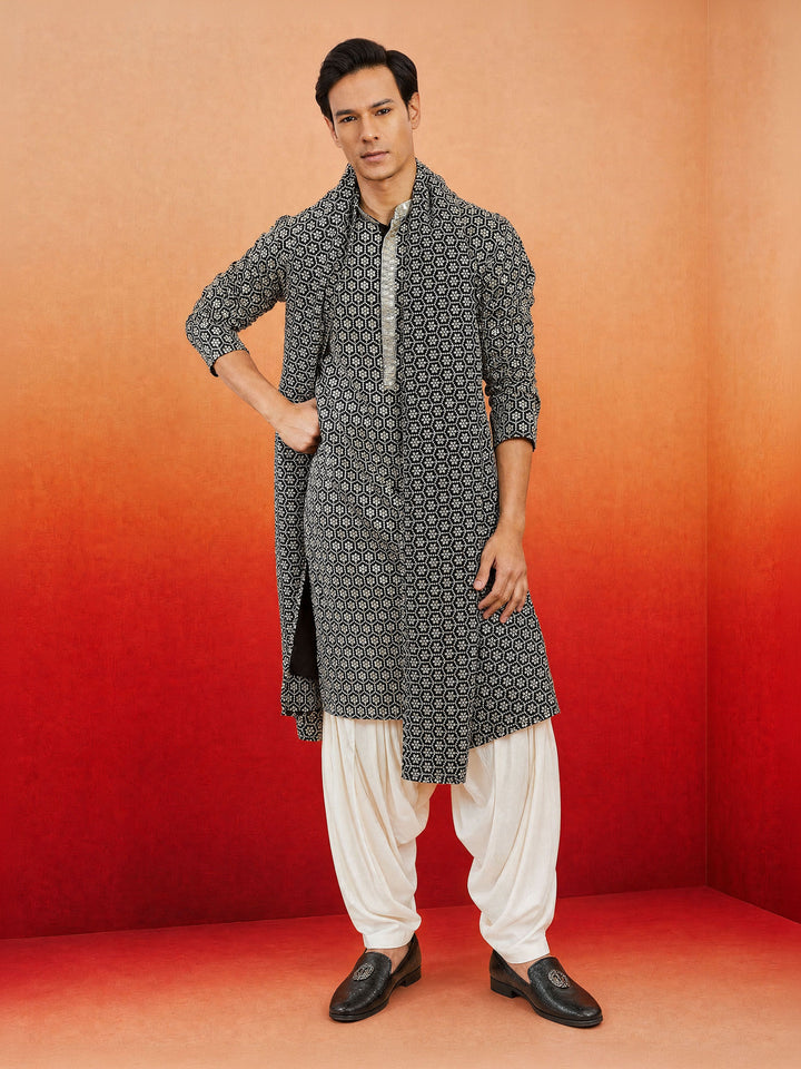 Men Black Rayon Kurta Patiala with Dupatta Festive Ethnic Wear