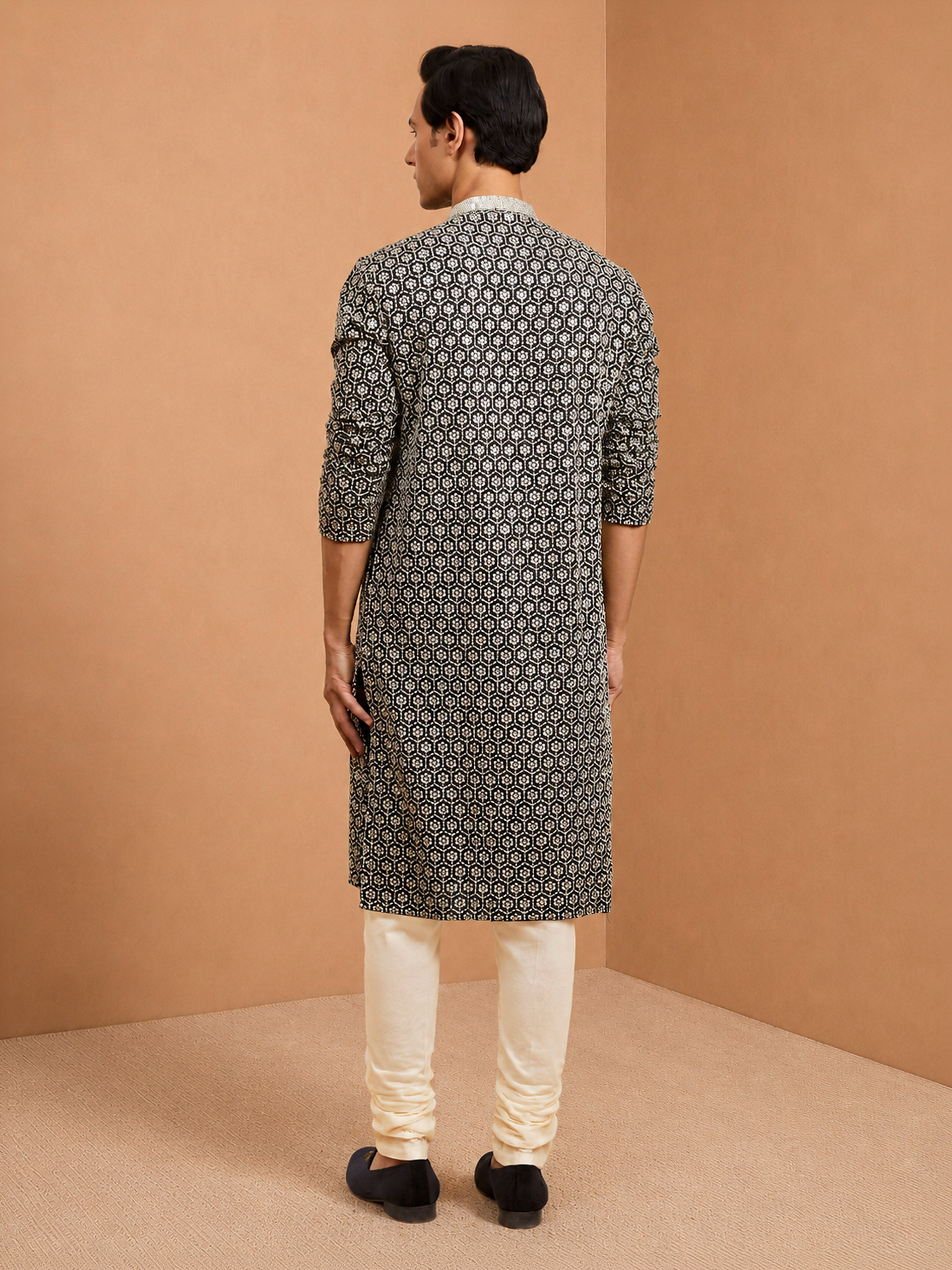 Men's Black  Embroidered, Sequin Knee Length Kurta Pant Set with Churidar