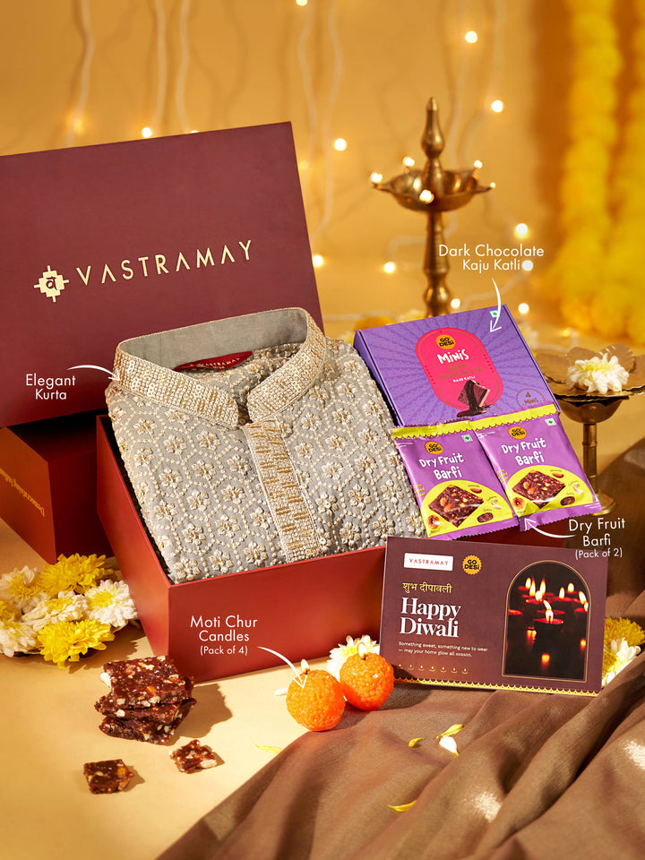 Vastramay Grey Embroidered Rayon Kurta | Diwali Gift Box with Go Desi Mithai &amp; 4 Laddoo Candles