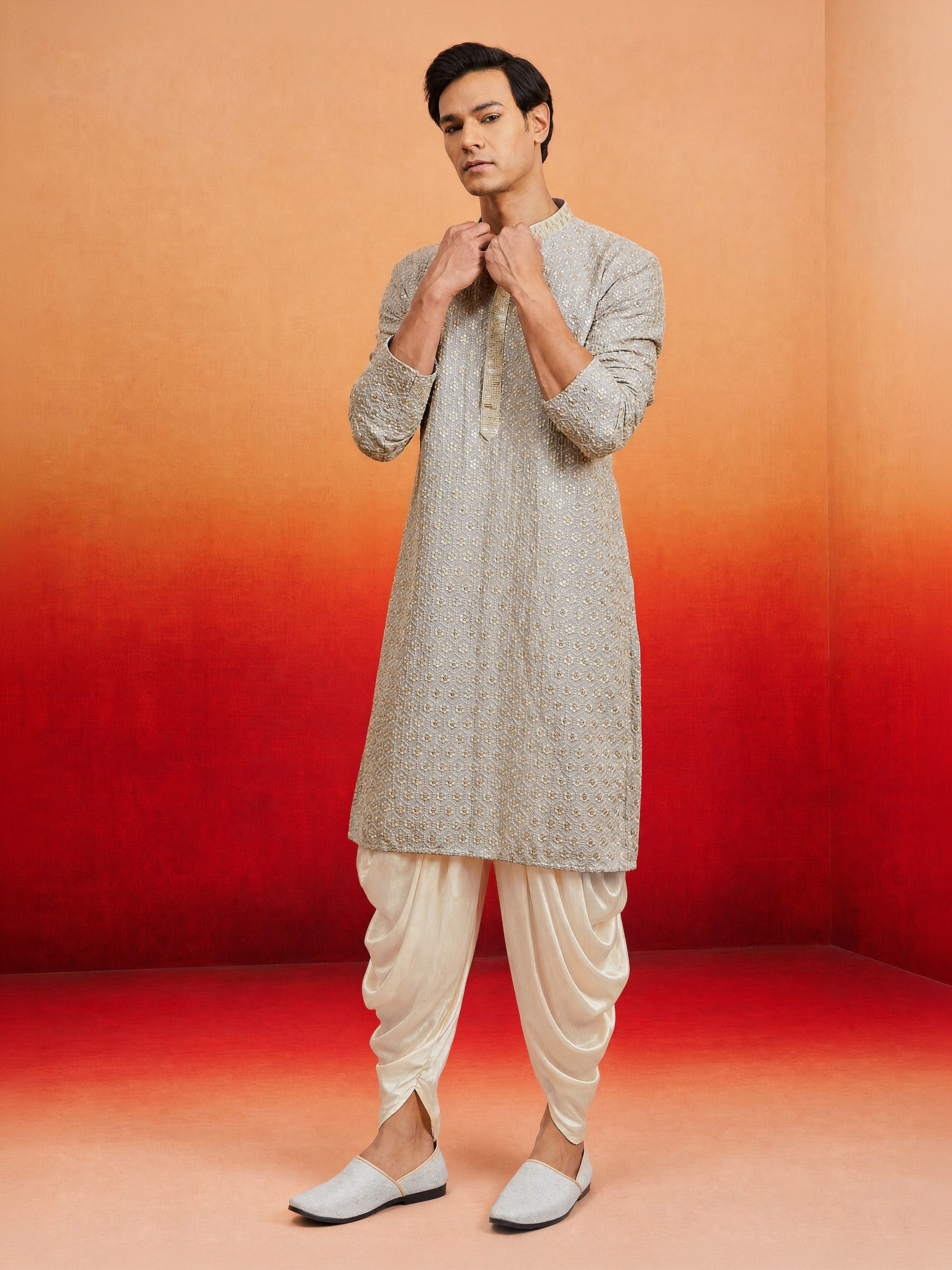 Men's Grey Rayon Embellished Knee Length Kurta with Dhoti
