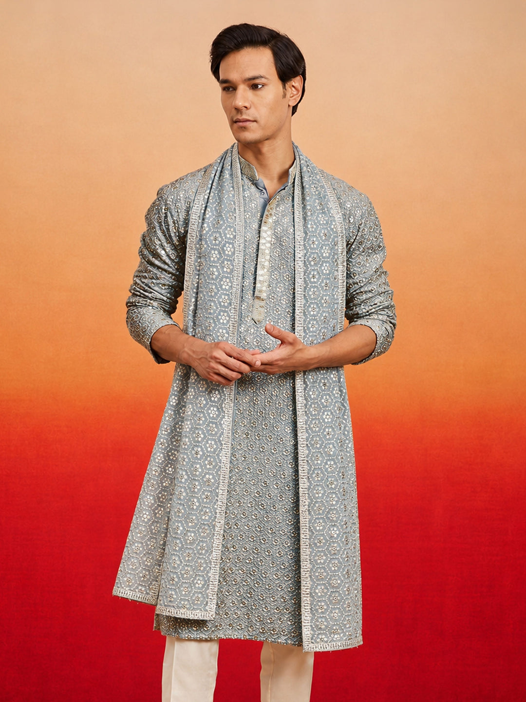 Men Grey Rayon Kurta With Dupatta Only Festive, Festive Glitz, EID, Wedding, Diwali Ethnic Wear