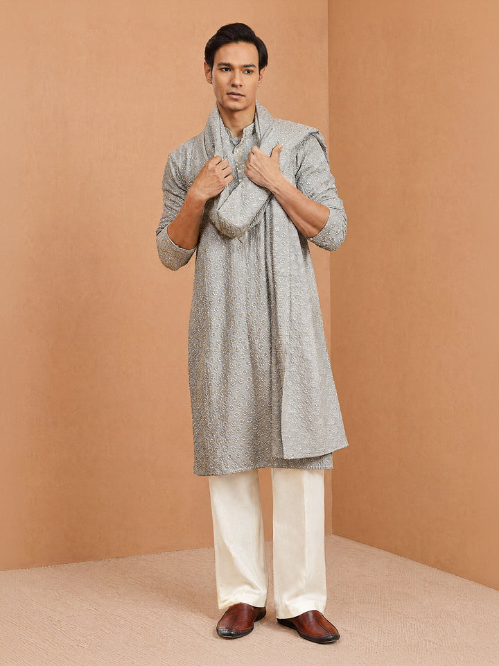 Men Grey Rayon Kurta &amp; Palazzo Pant with Dupatta Festive, Diwali Ethnic Wear