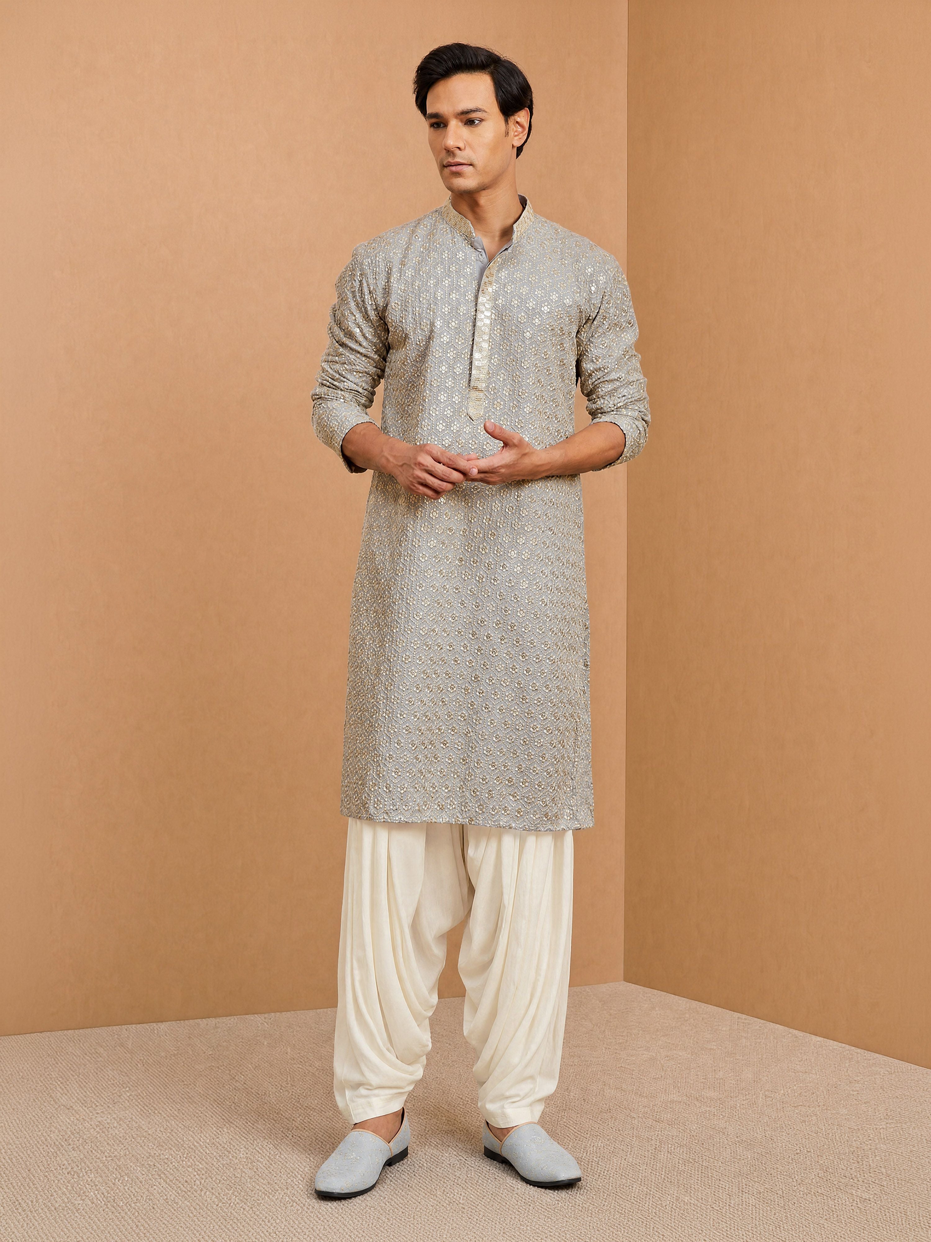 Men's Grey Rayon Embellished Knee Length Kurta with Patiayala