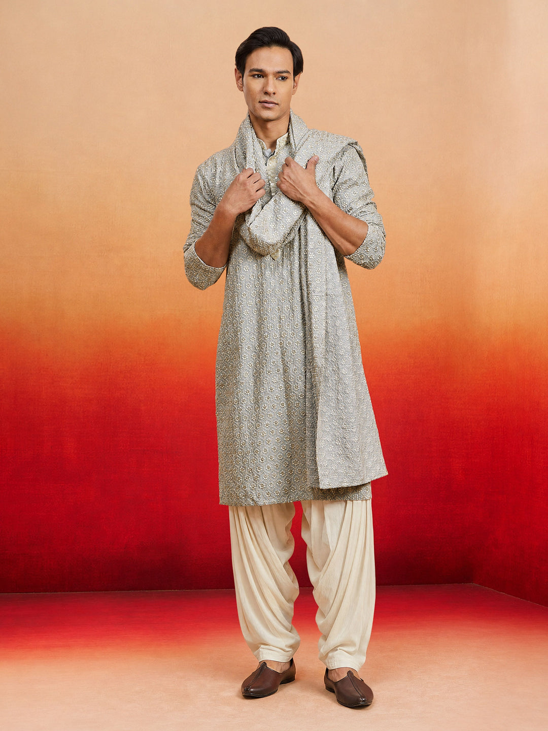 Men Grey Rayon Kurta Patiala with Dupatta Festive Ethnic Wear