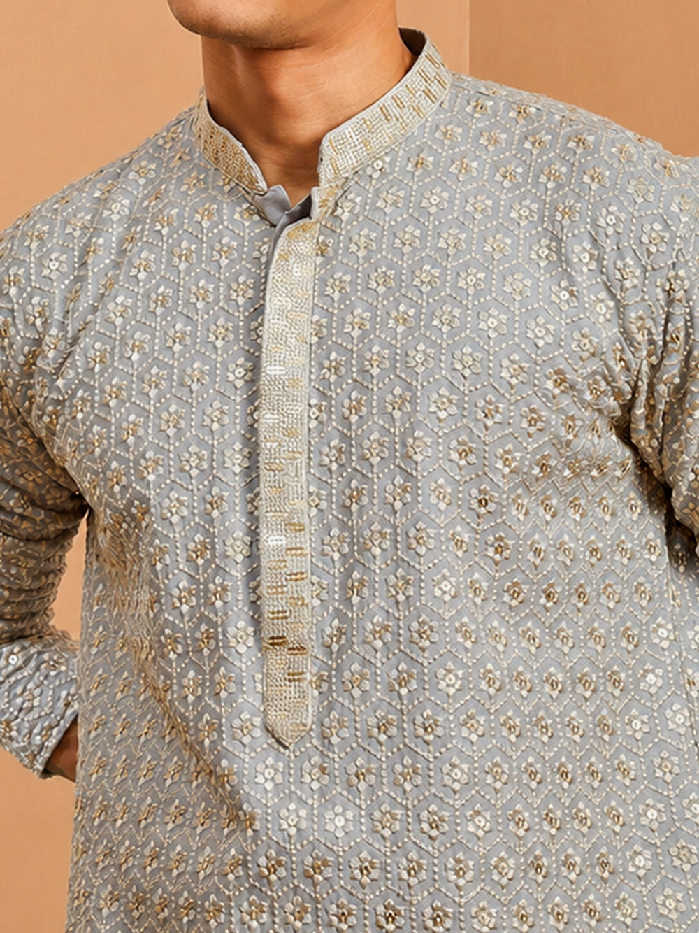 Men's Grey Embroidered Kurta Churidar Set for Festive Wear