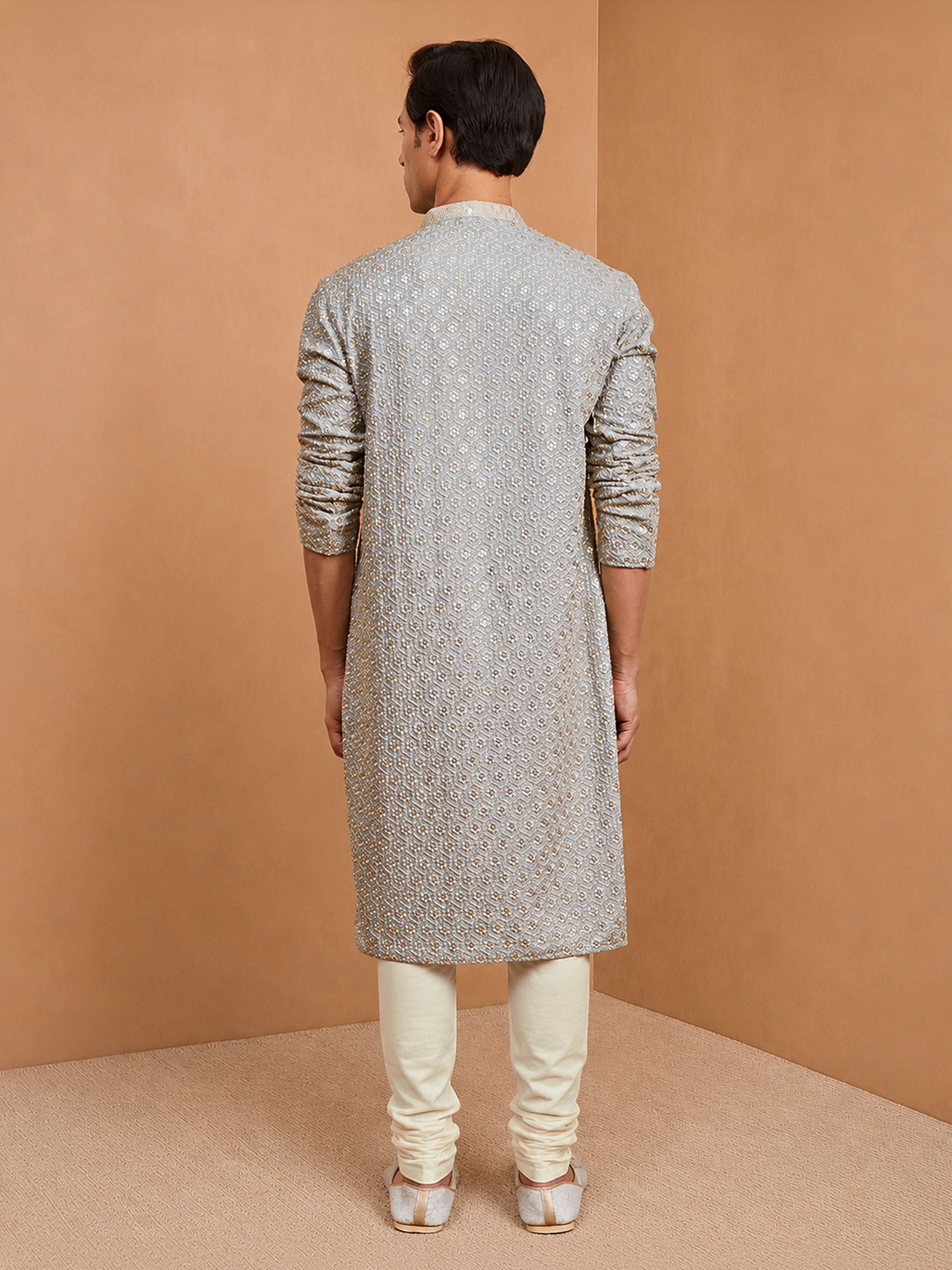 Men's Grey  Embroidered, Sequin Knee Length Kurta Pant Set with Churidar