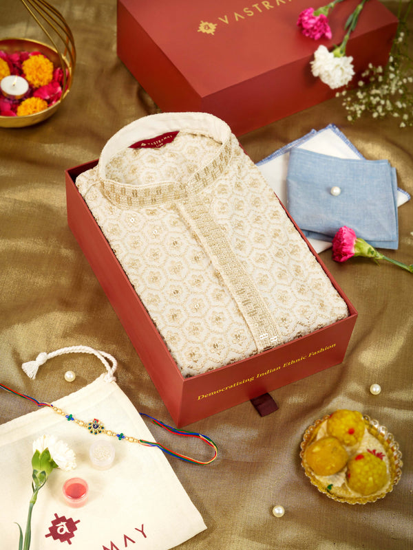 Men's Off White Rayon Kurta Rakhi Gift Box for Brother | Includes Rakhi, Potli Bag & Festive Essentials