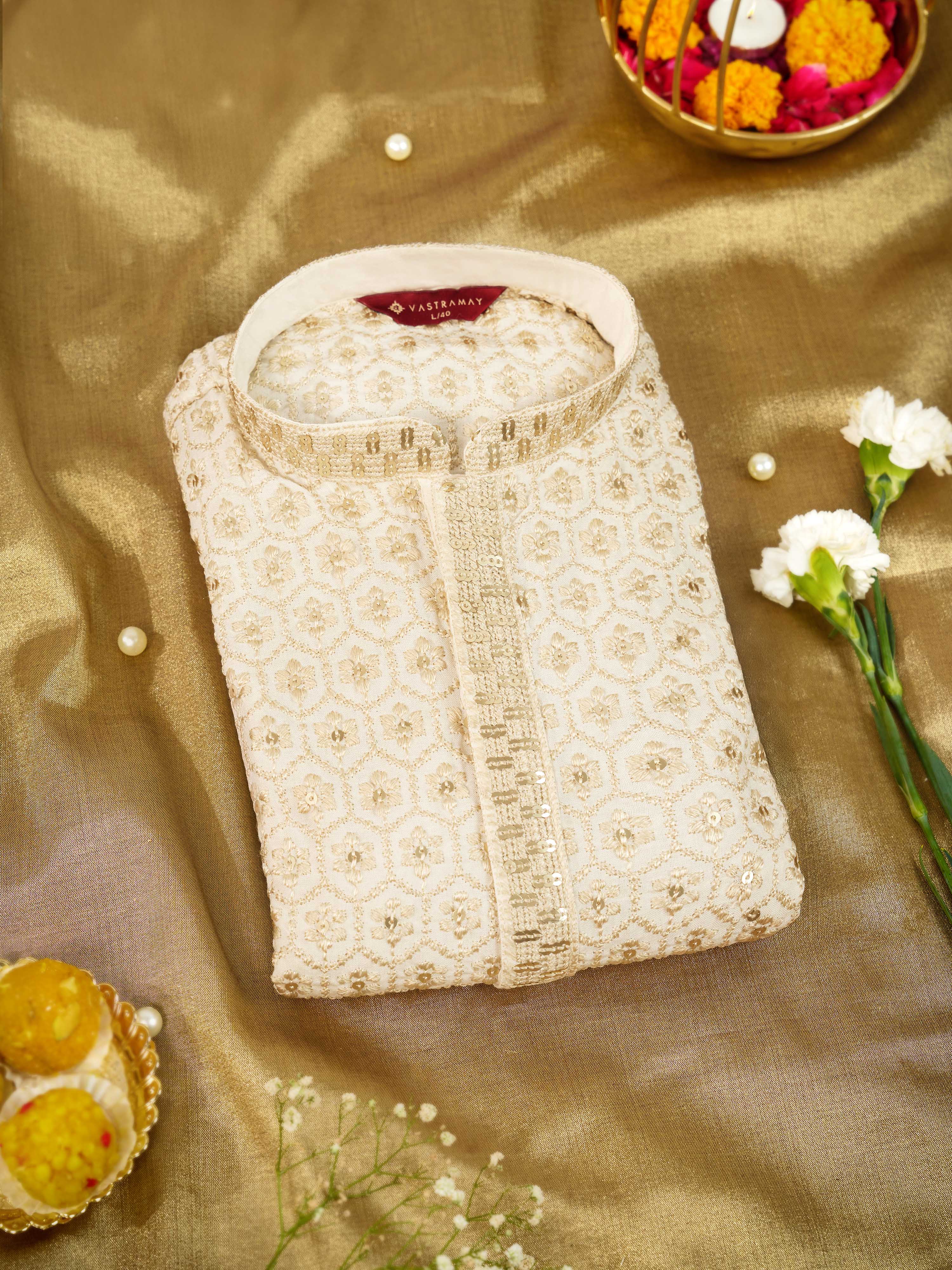 Men's Off White Rayon Kurta Rakhi Gift Box for Brother | Includes Rakhi, Potli Bag & Festive Essentials