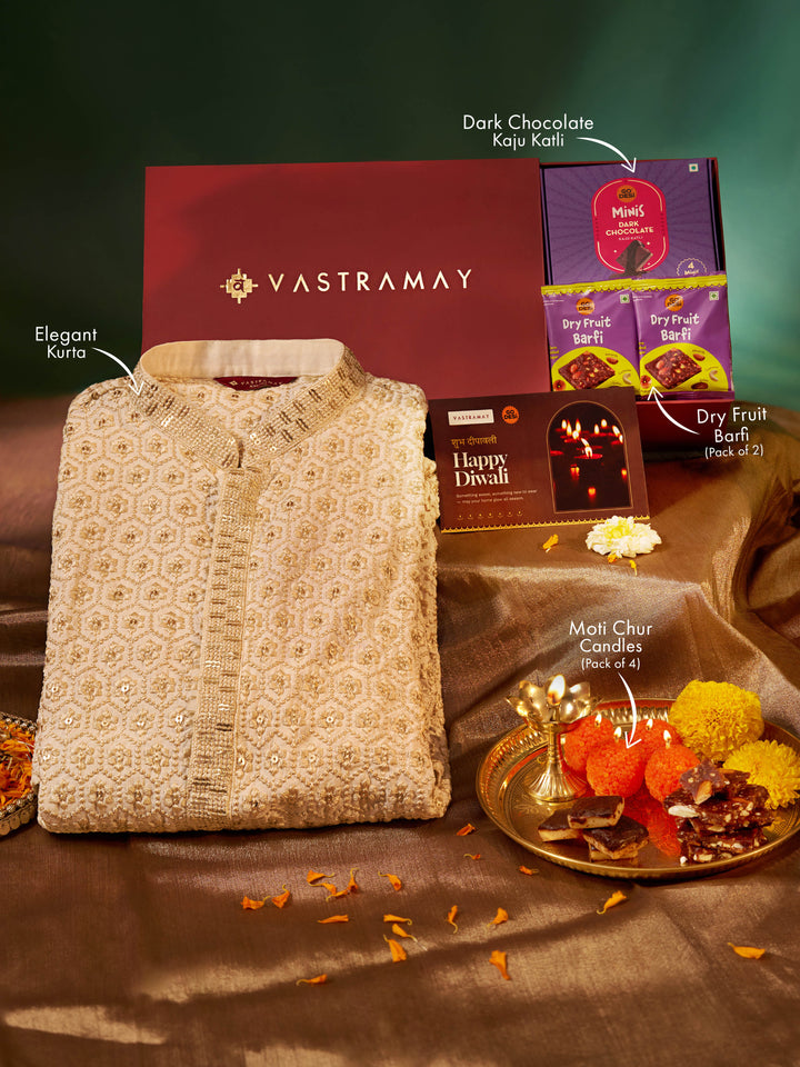 Vastramay Off White Embroidered Rayon Kurta | Diwali Gift Box with Go Desi Mithai &amp; 4 Laddoo Candles