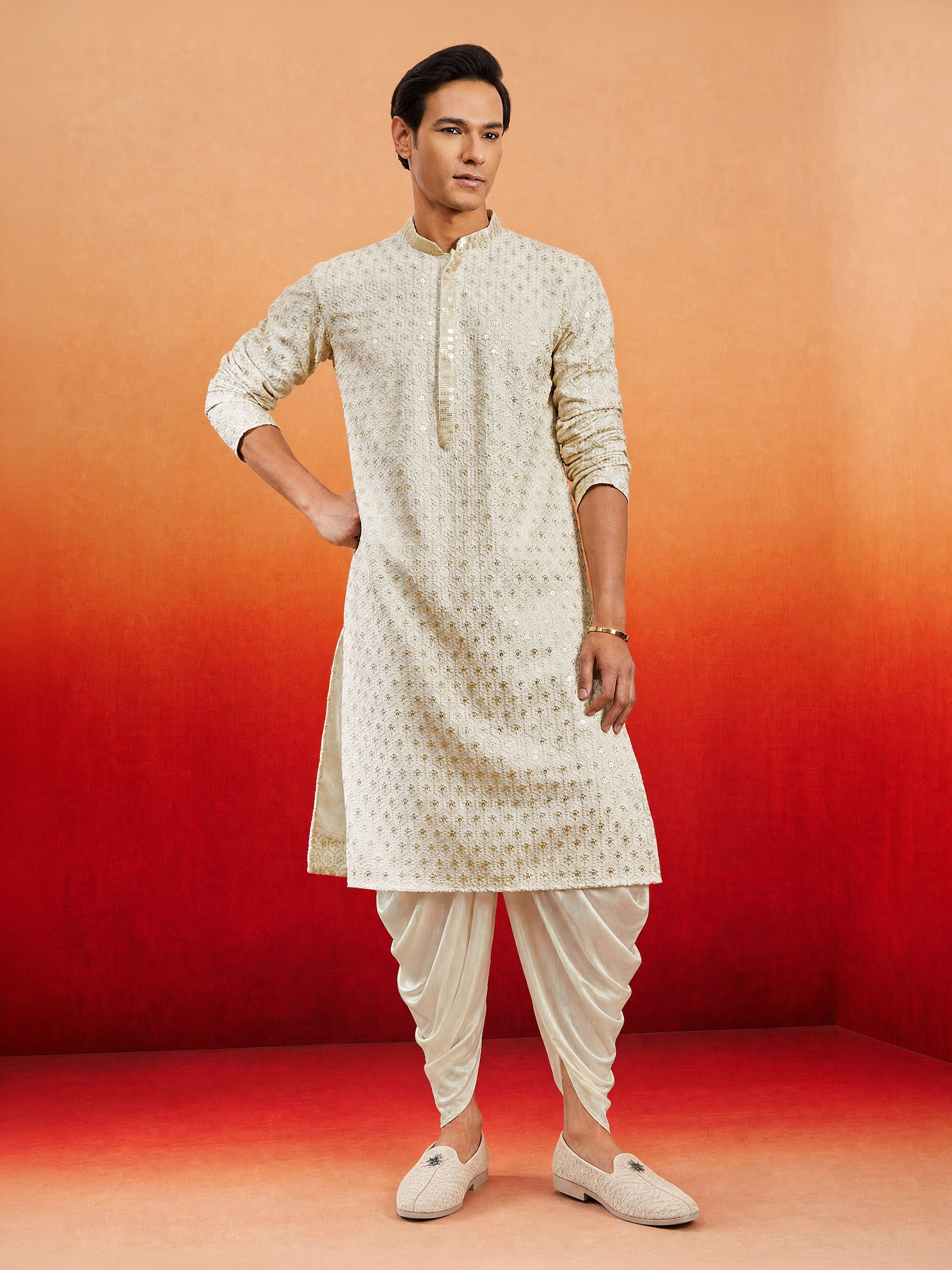 Men Off-White Rayon Kurta with Dhoti Festive, Festive Glitz, EID, Wedding, Diwali Ethnic Wear