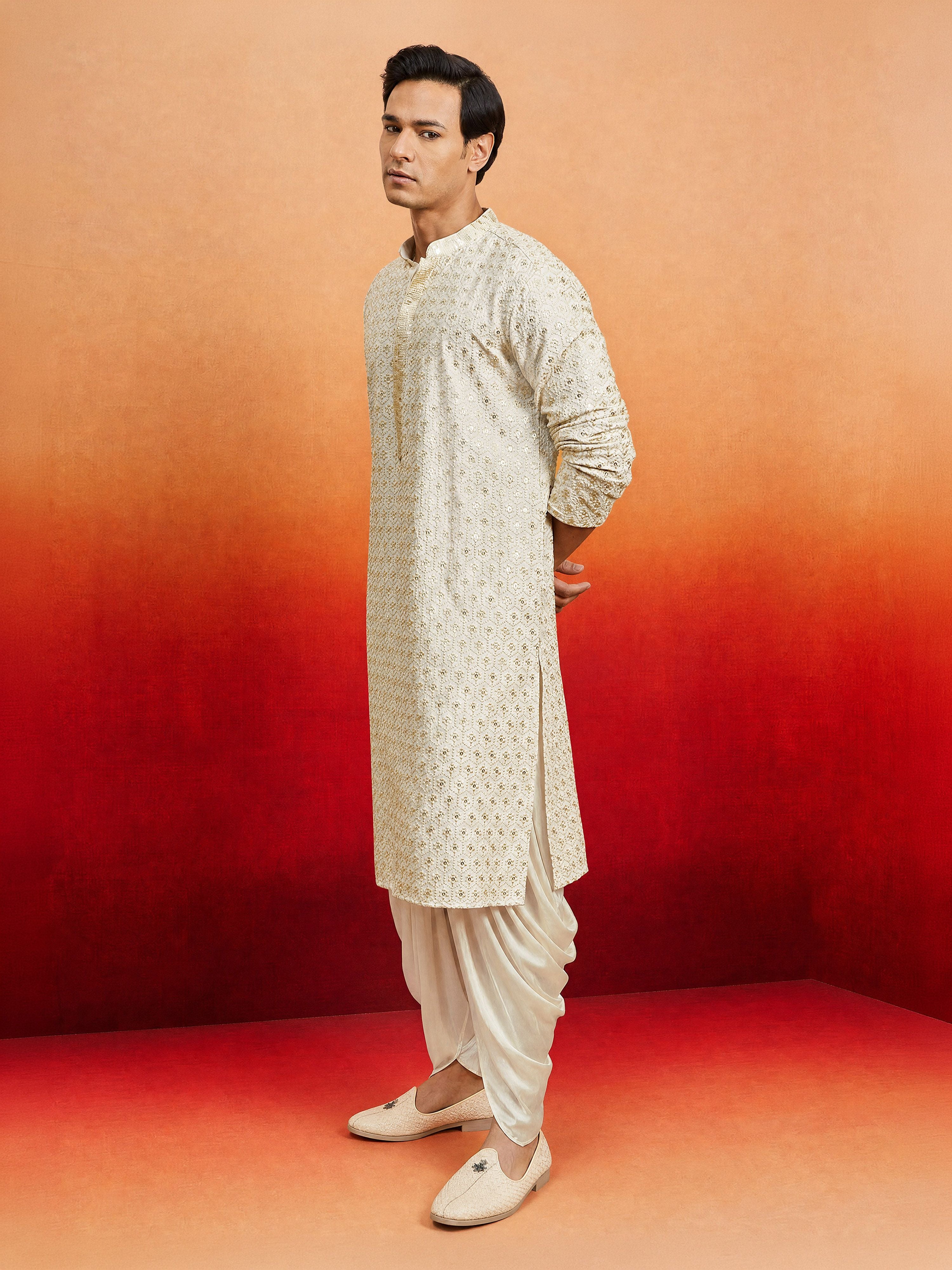 Men's Off-White Rayon Embellished Knee Length Kurta with Dhoti