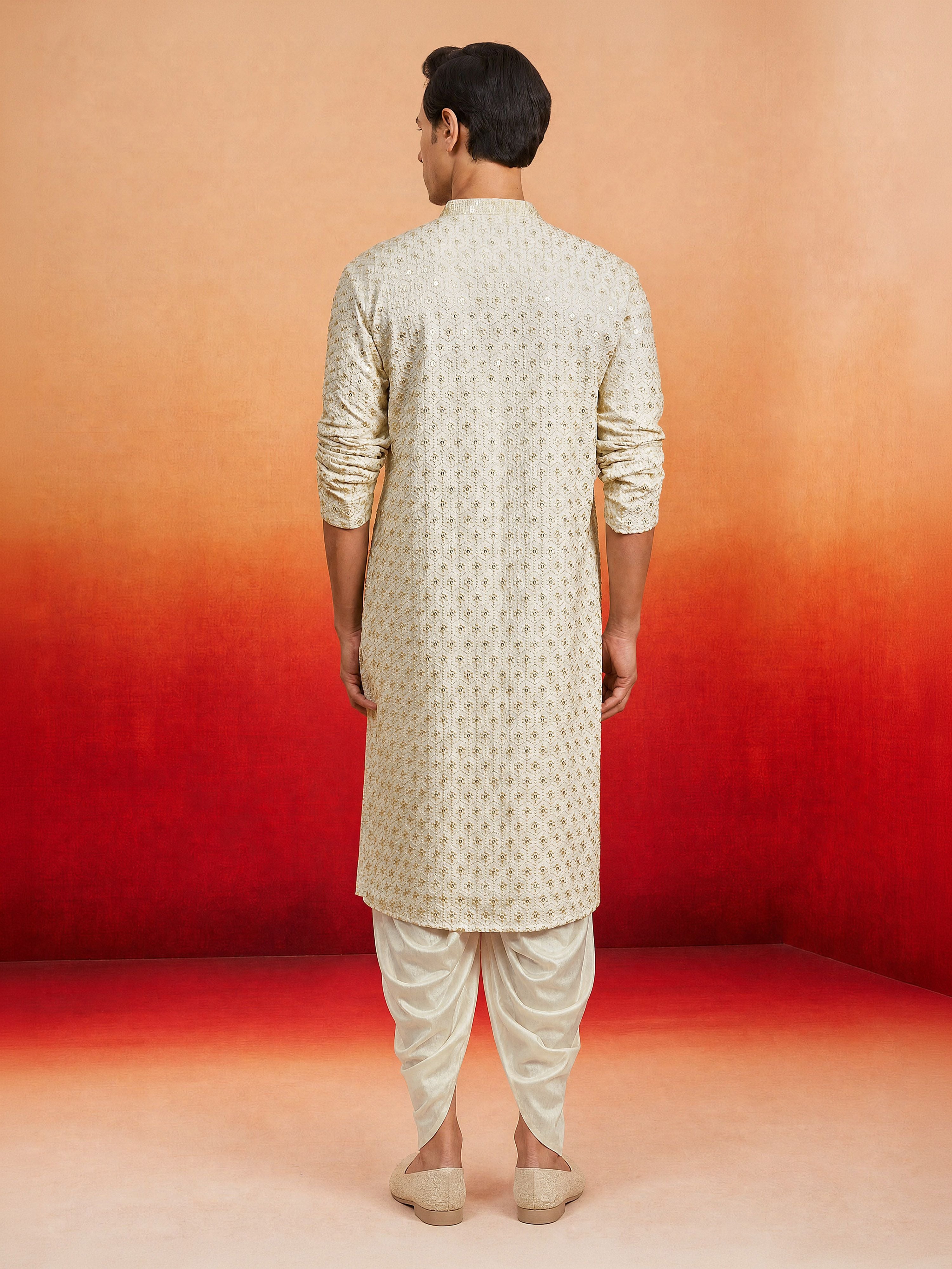 Men's Off-White Rayon Embellished Knee Length Kurta with Dhoti