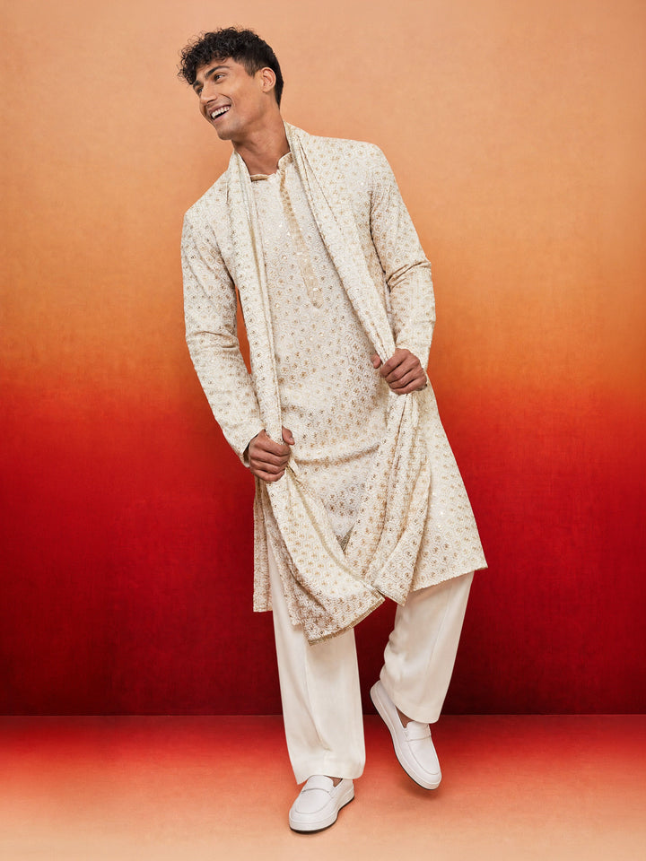 Men Off-White Rayon Kurta &amp; Palazzo Pant with Dupatta Festive, Diwali Ethnic Wear