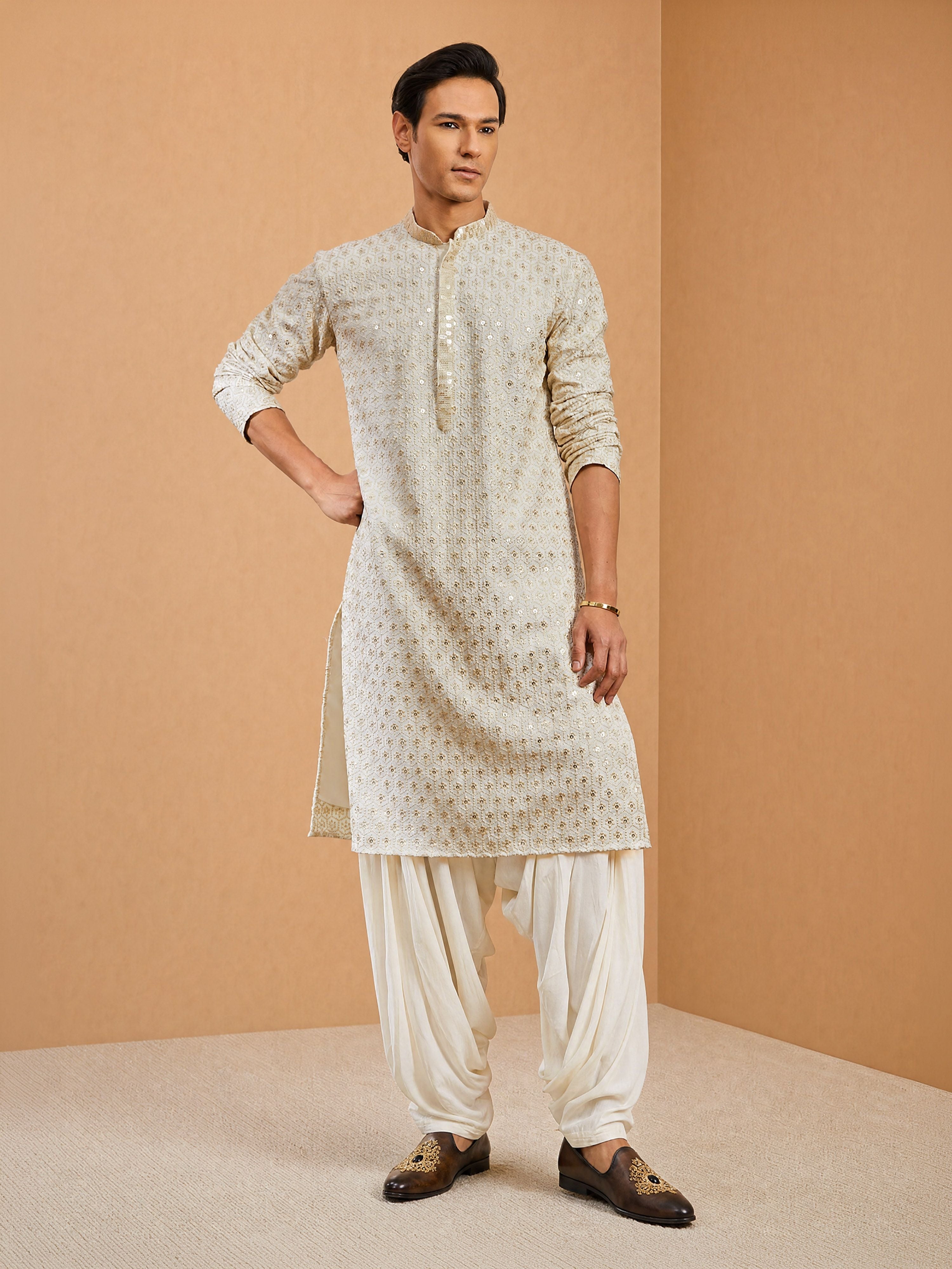 Men Off-White Rayon Kurta with Patiala Festive Ethnic Wear