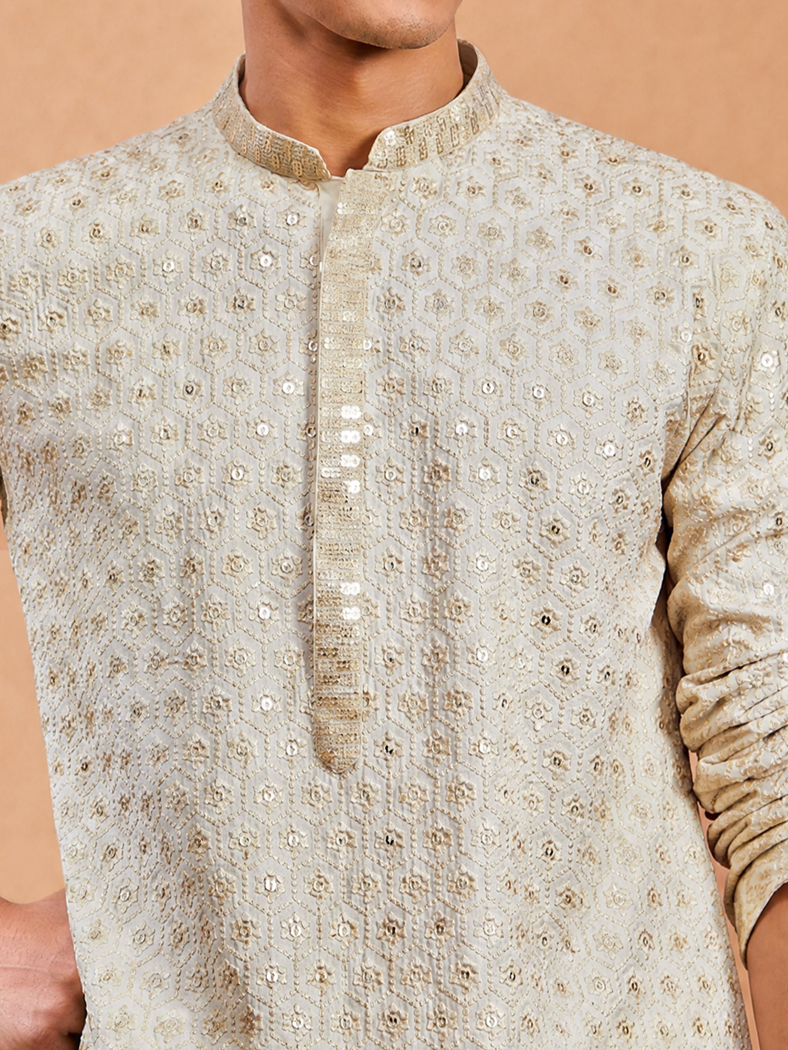 Men's Off-White Rayon Embroidered Knee Length Kurta with Patiala