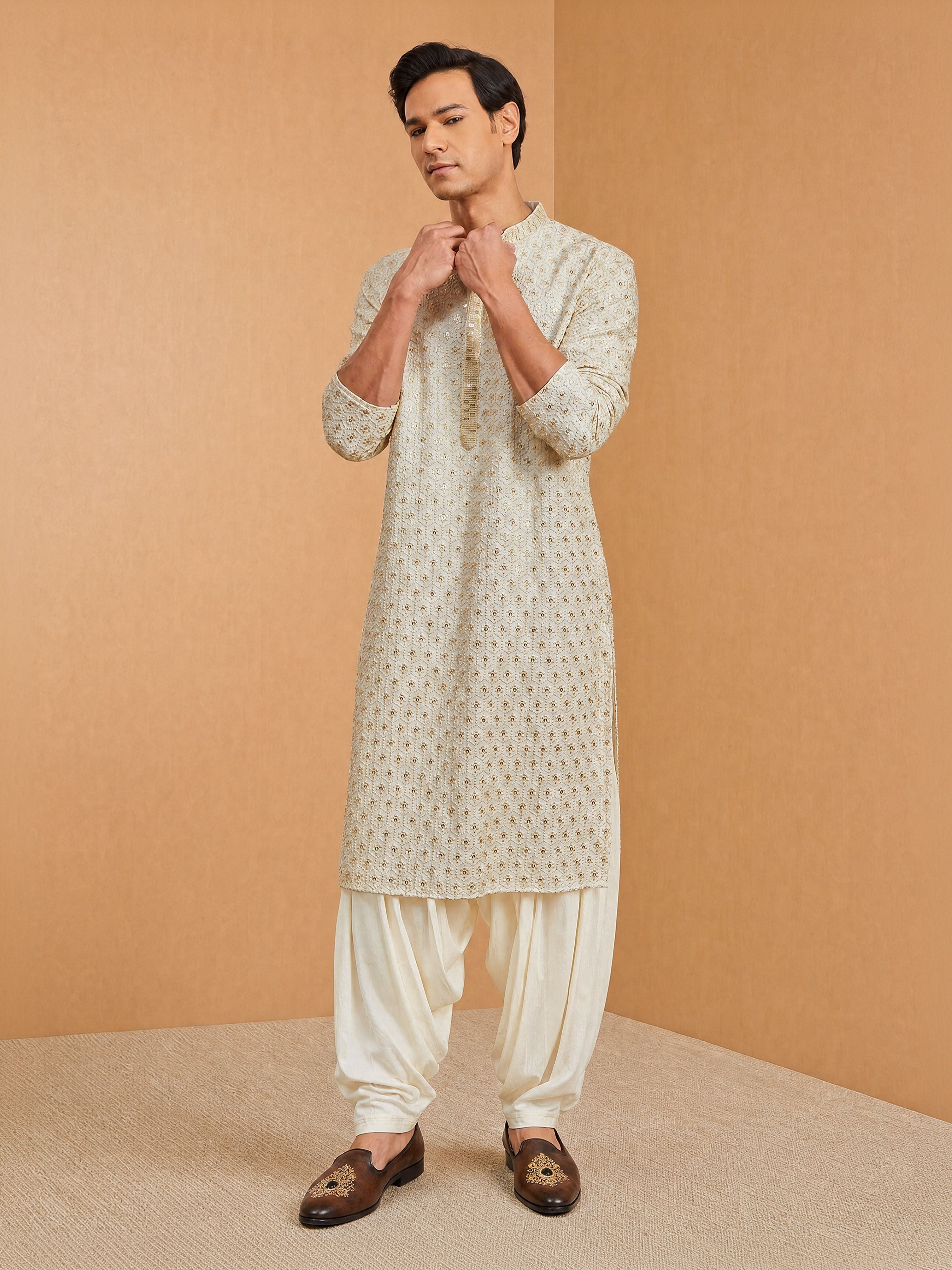 Men's Off-White Rayon Embroidered Knee Length Kurta with Patiala