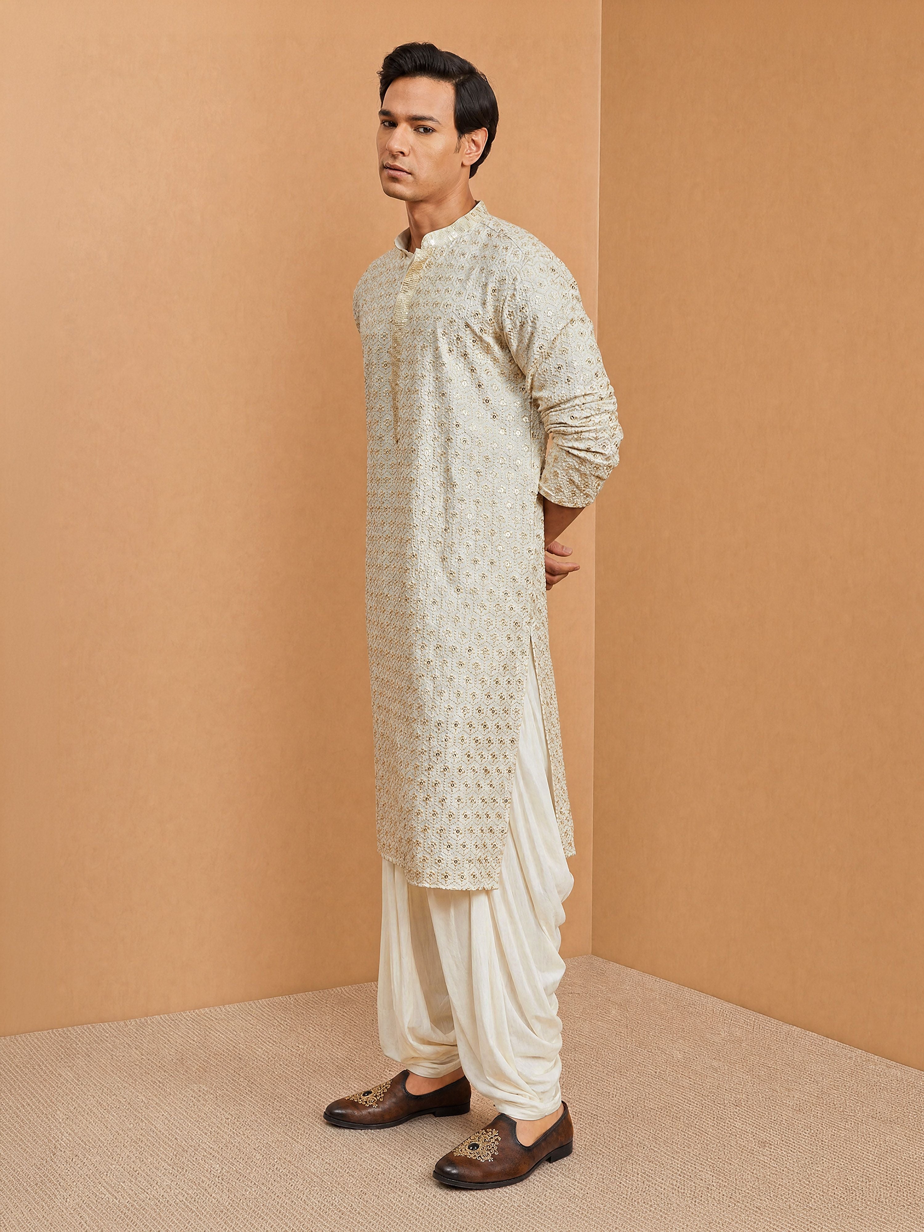 Men's Off-White Rayon Embroidered Knee Length Kurta with Patiala