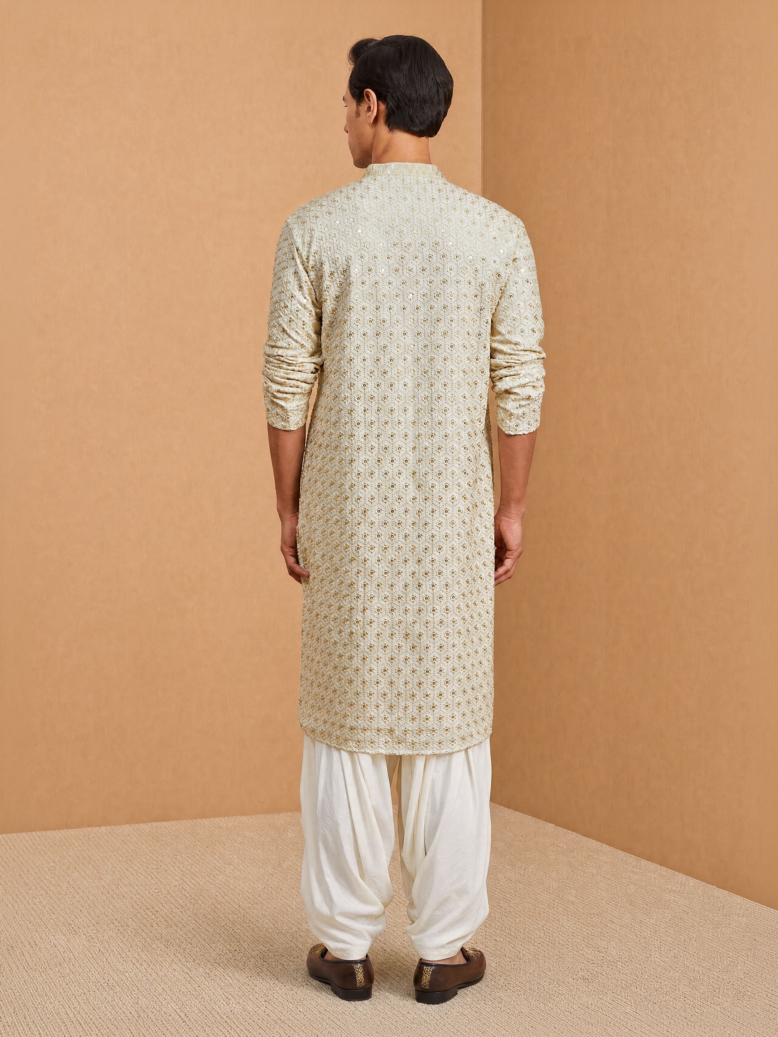 Men's Off-White Rayon Embroidered Knee Length Kurta with Patiala