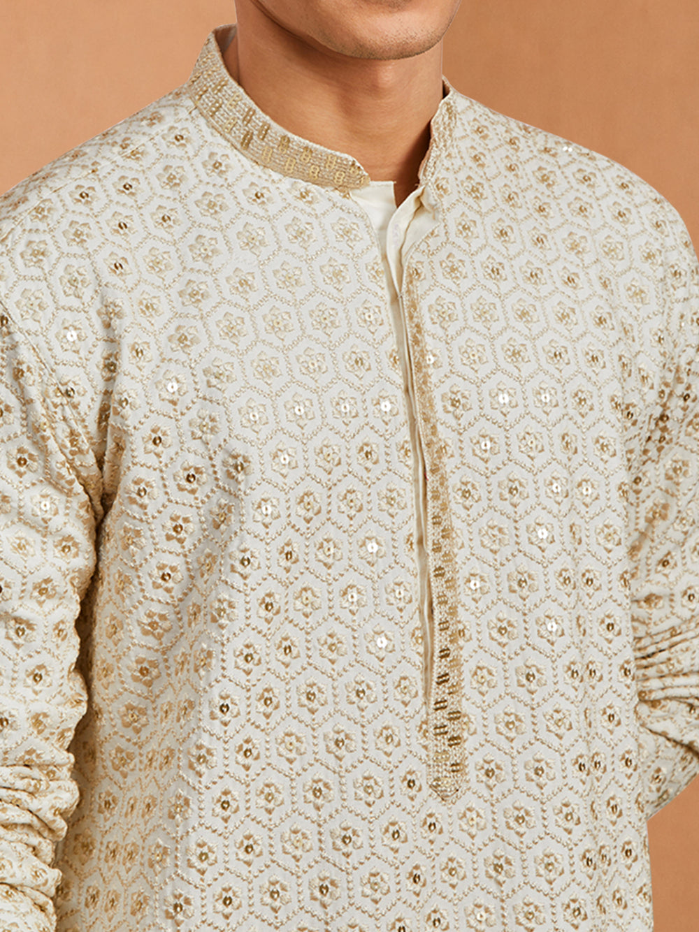 Off-White Embroidered Men's Kurta Churidar Set | VASTRAMAY