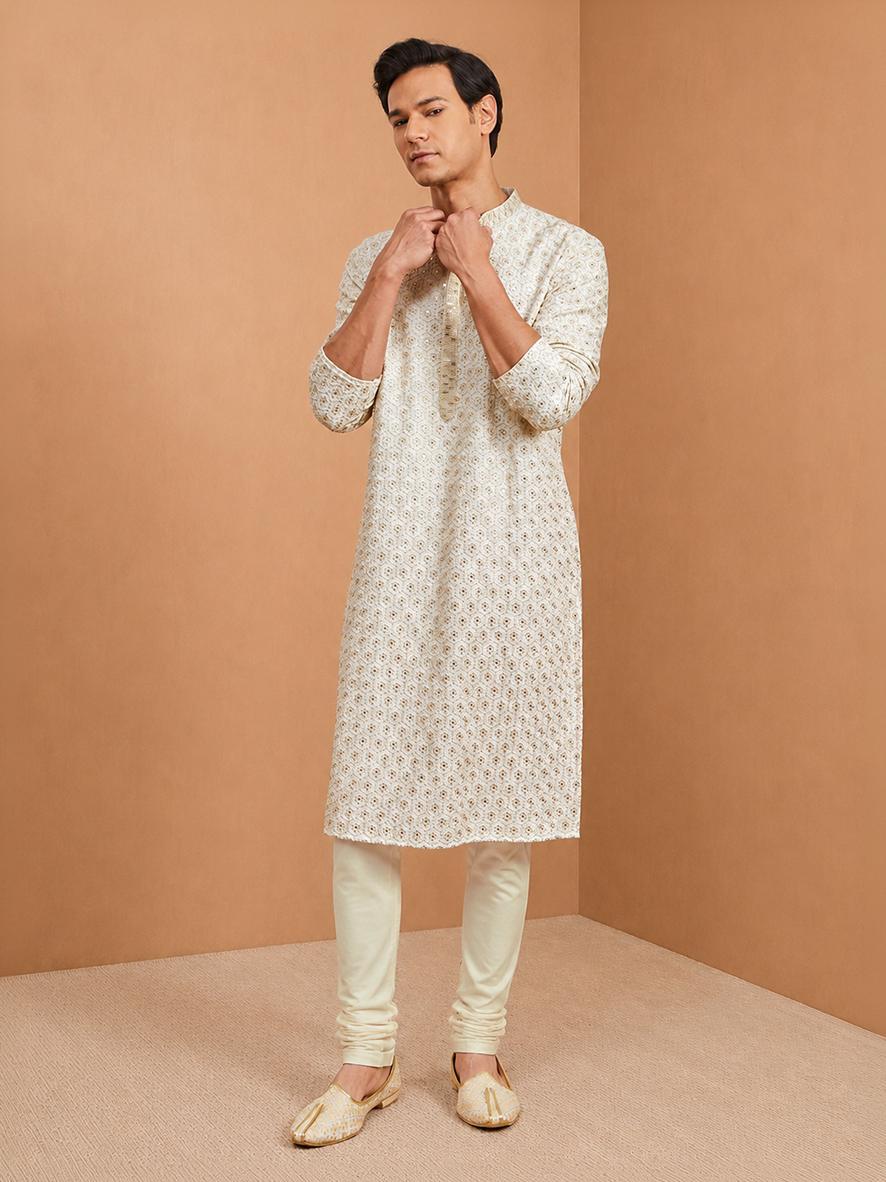 Men's Off-White  Embroidered, Sequin Knee Length Kurta Pant Set with Churidar