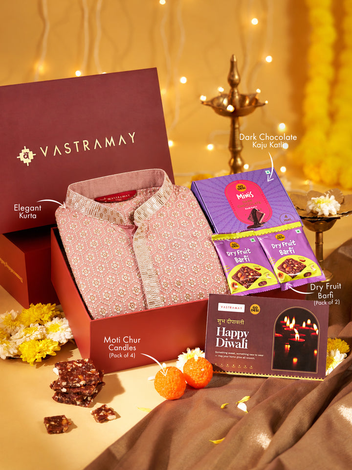 Vastramay Peach Embroidered Rayon Kurta | Diwali Gift Box with Go Desi Mithai &amp; 4 Laddoo Candles