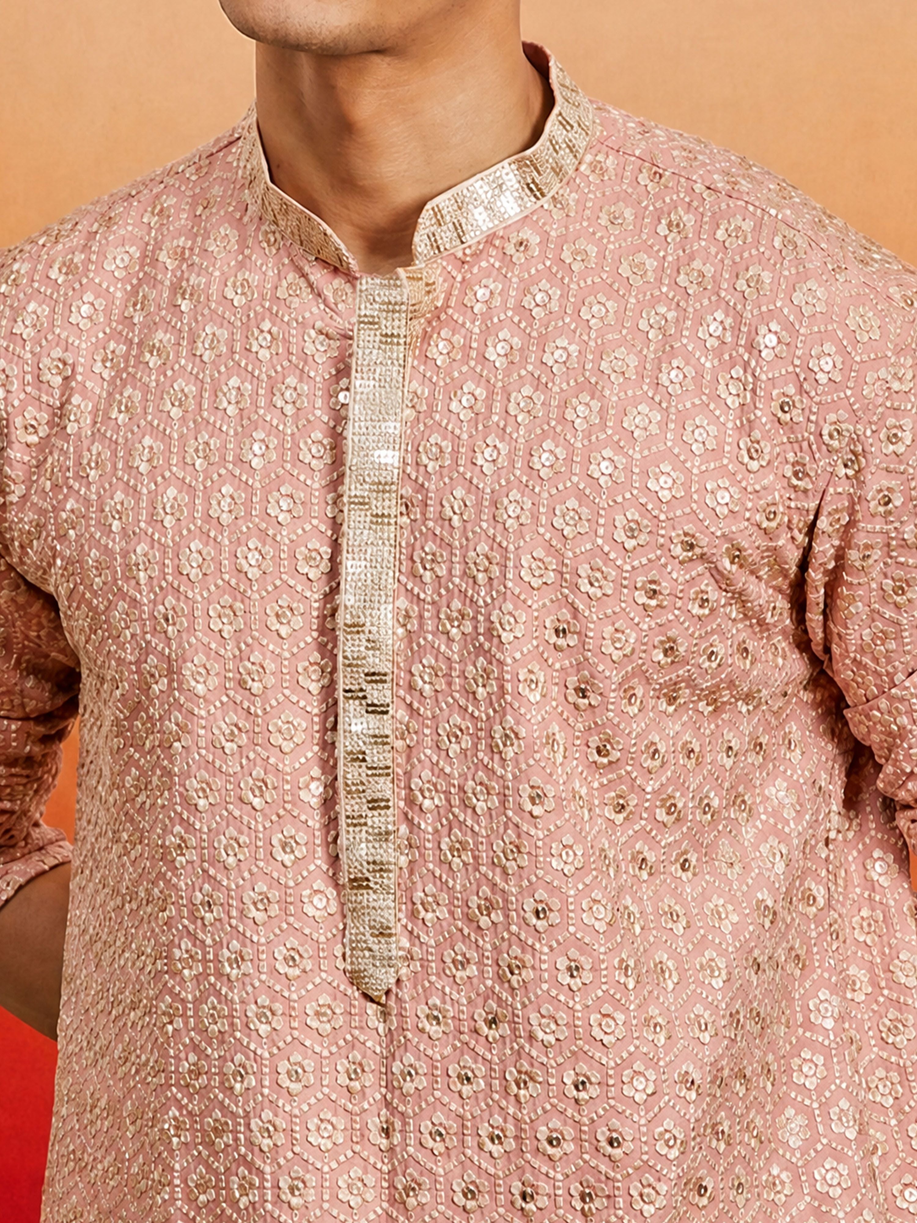 Men's Peach Rayon Embellished Knee Length Kurta with Dhoti