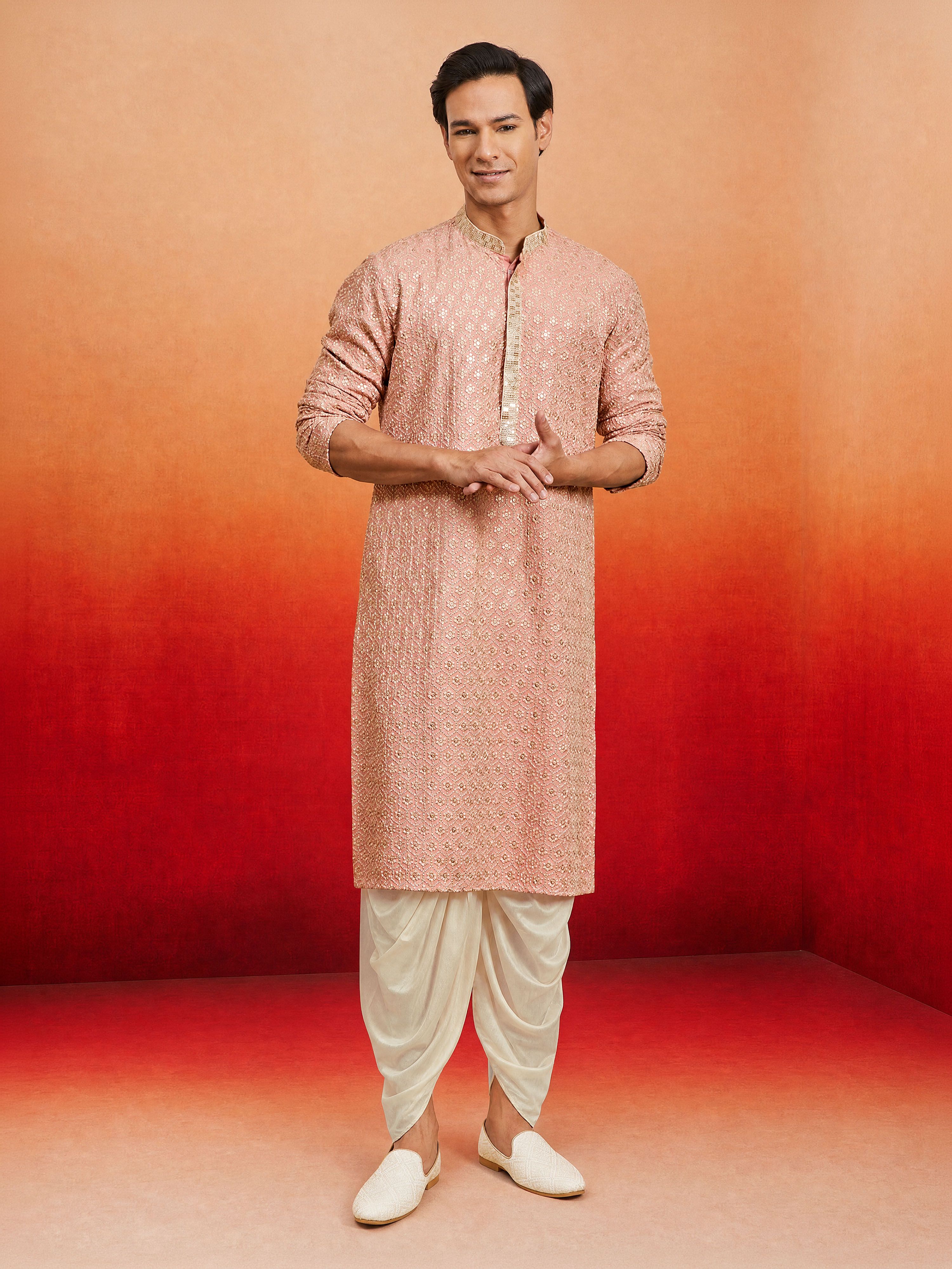 Men's Peach Rayon Embellished Knee Length Kurta with Dhoti