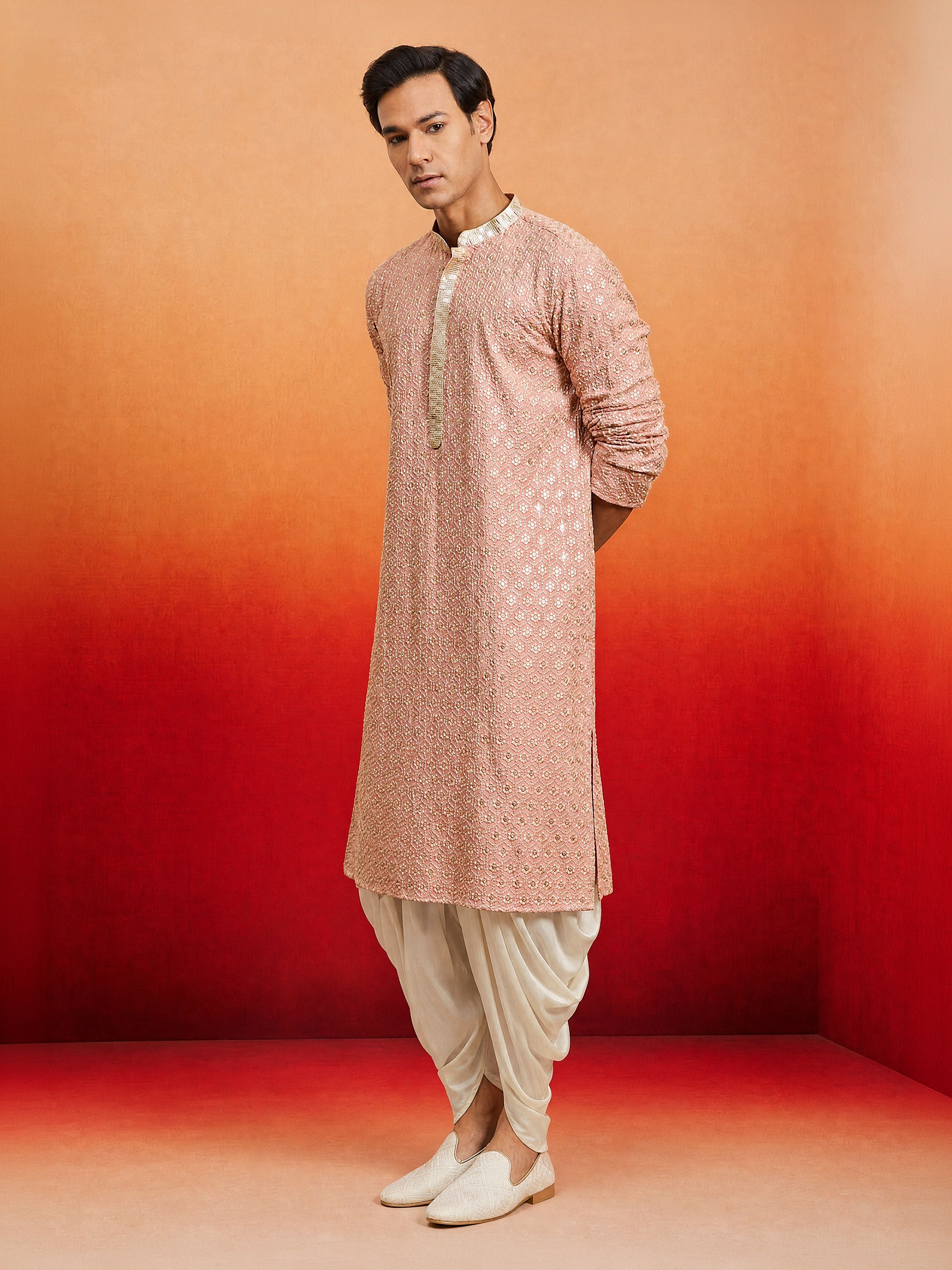 Men's Peach Rayon Embellished Knee Length Kurta with Dhoti