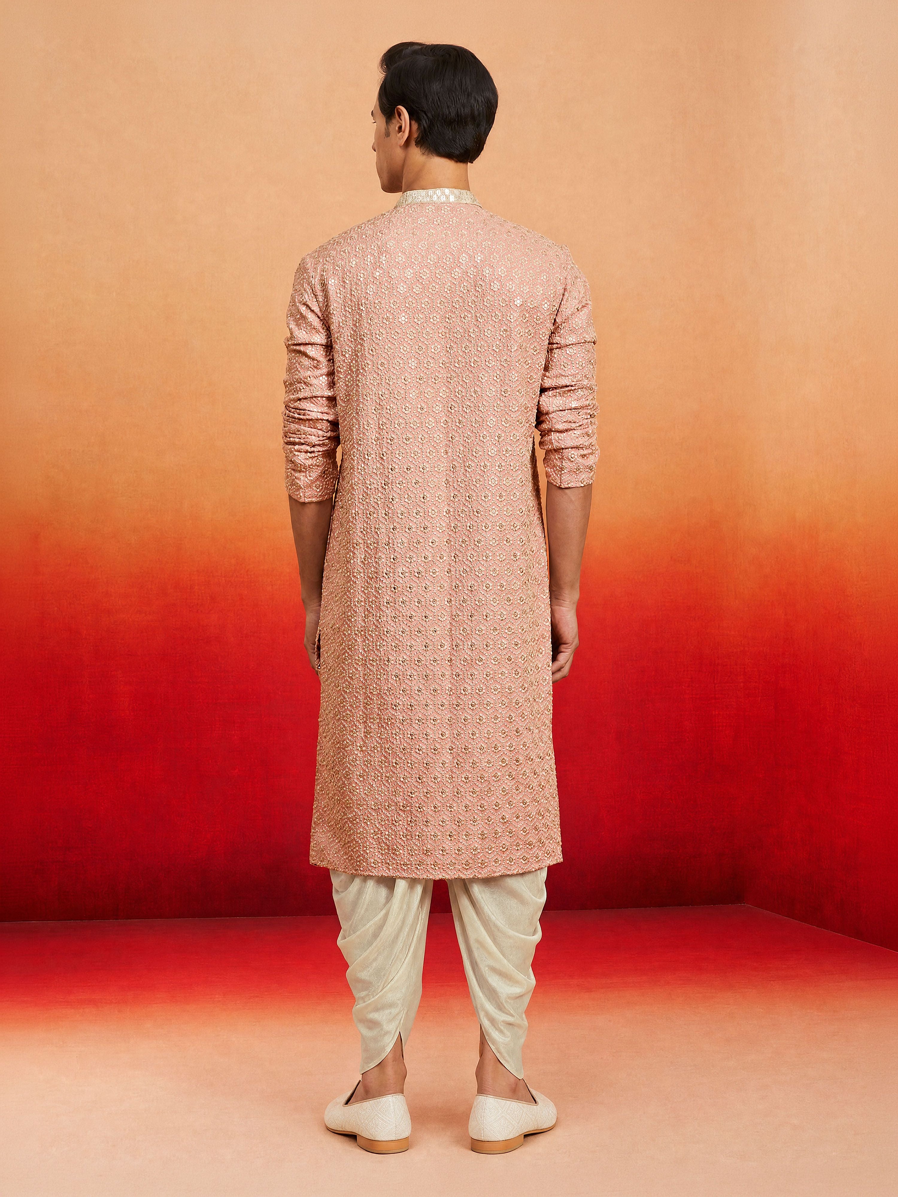 Men's Peach Rayon Embellished Knee Length Kurta with Dhoti