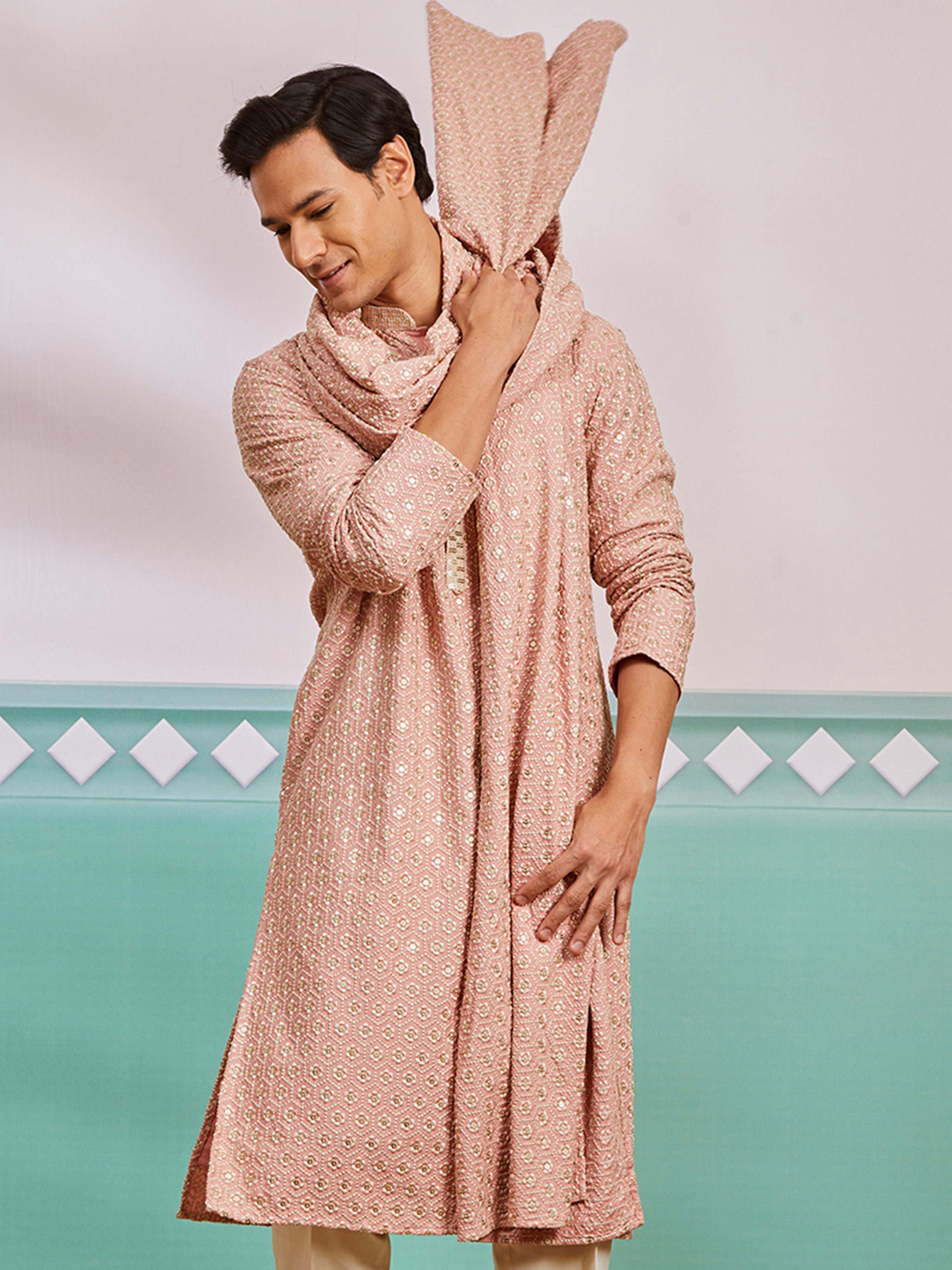 Men's Peach Chikankari Rayon Kurta with Silk Dupatta Set