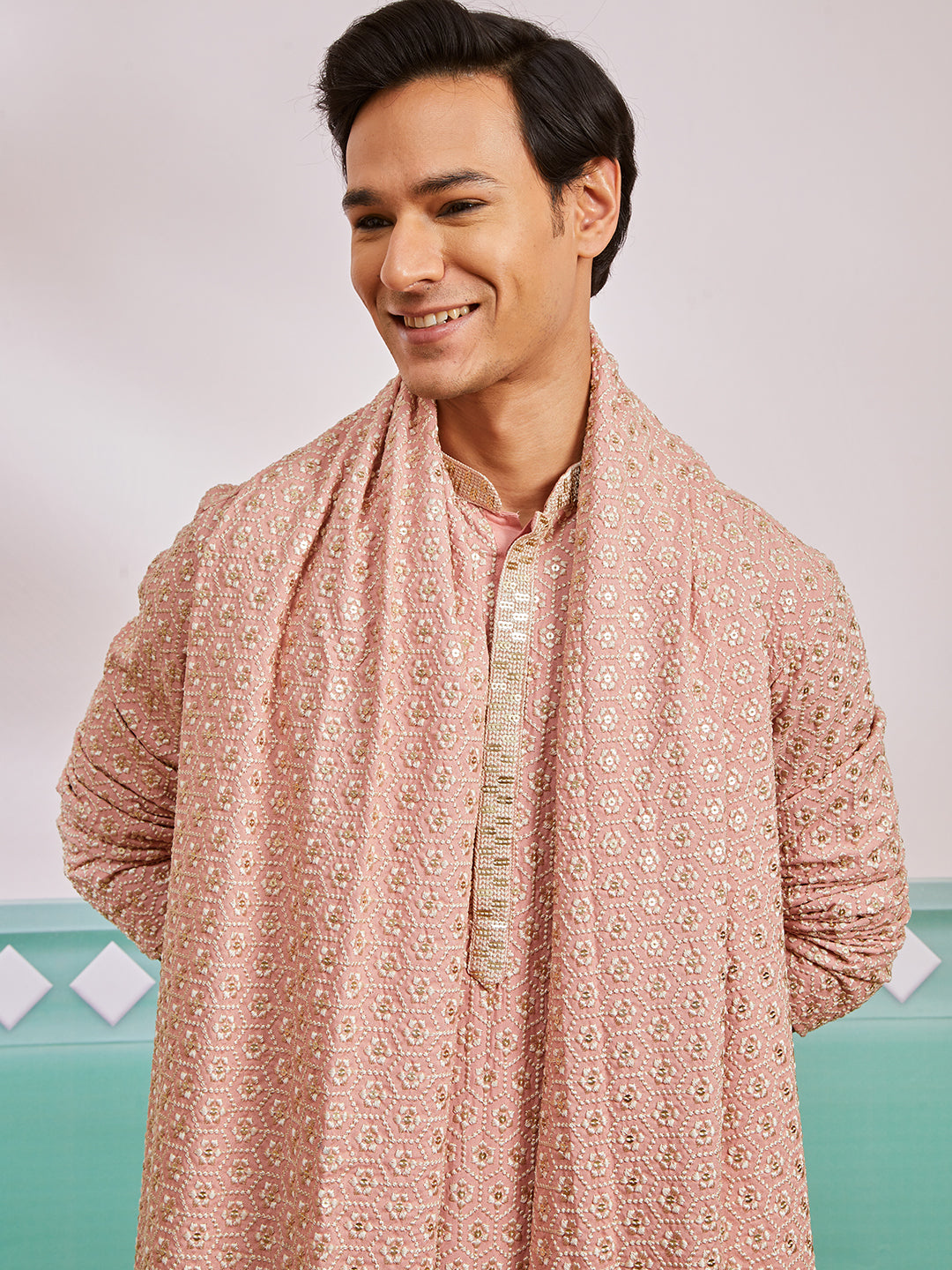 Men's Peach Chikankari Rayon Kurta with Silk Dupatta Set