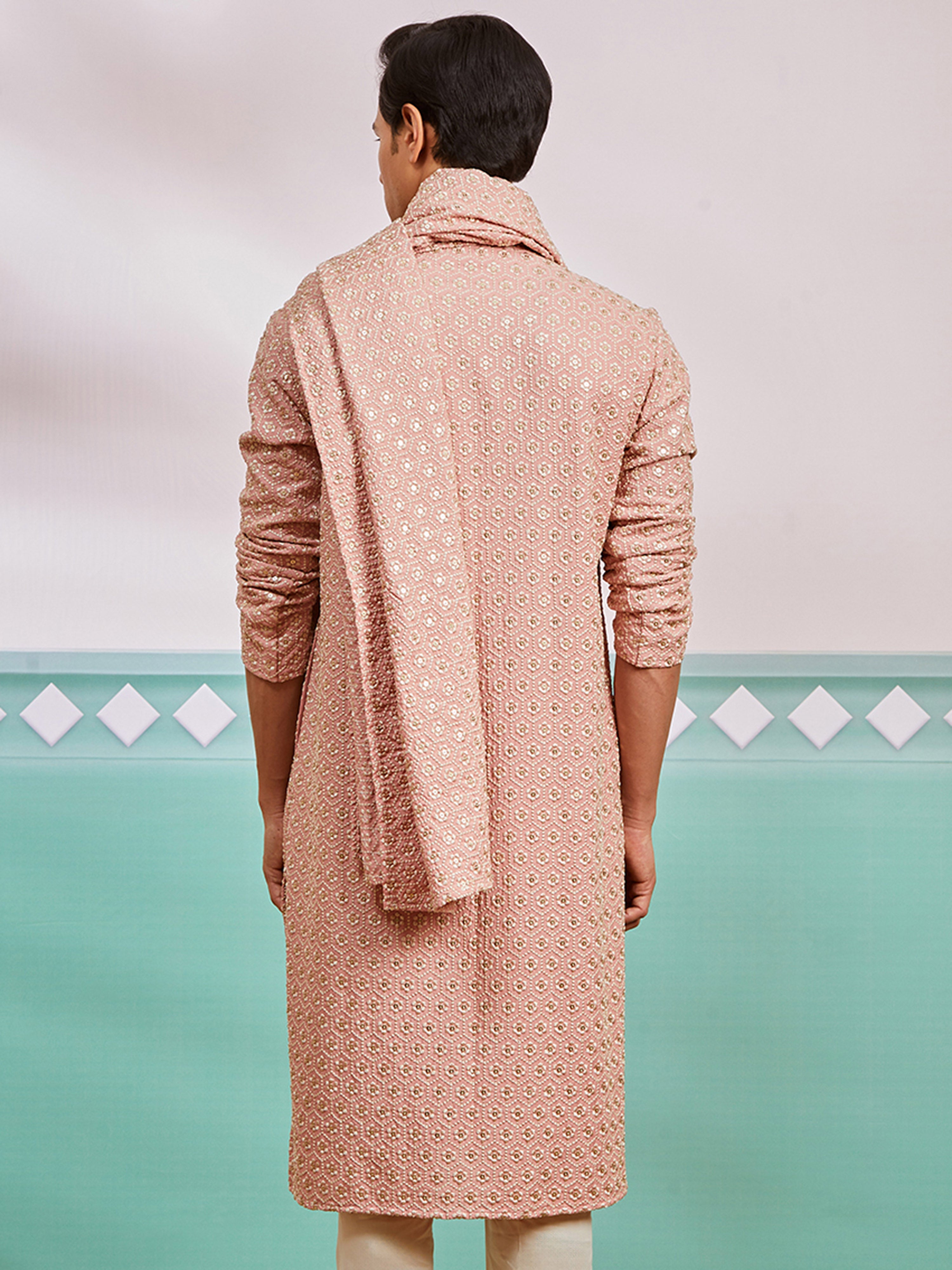 Men's Peach Chikankari Rayon Kurta with Silk Dupatta Set