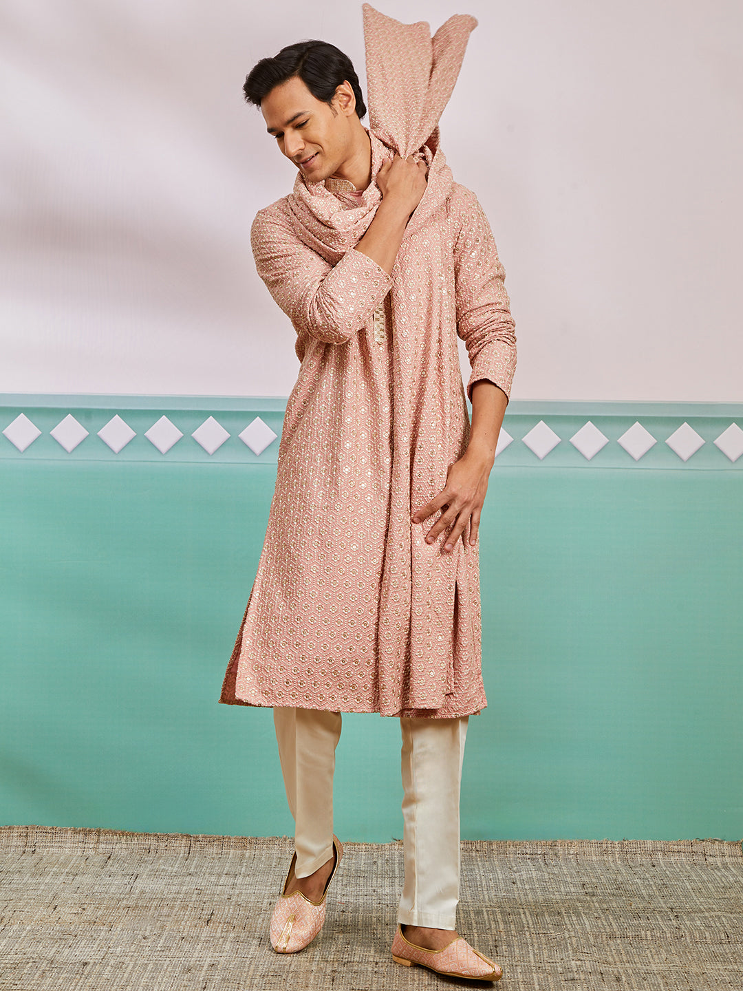Men's Peach Rayon Kurta, Pyjama And Dupatta Set.