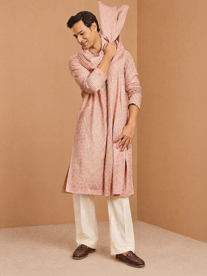 Men Peach Rayon Kurta &amp; Palazzo Pant with Dupatta Festive, Diwali Ethnic Wear