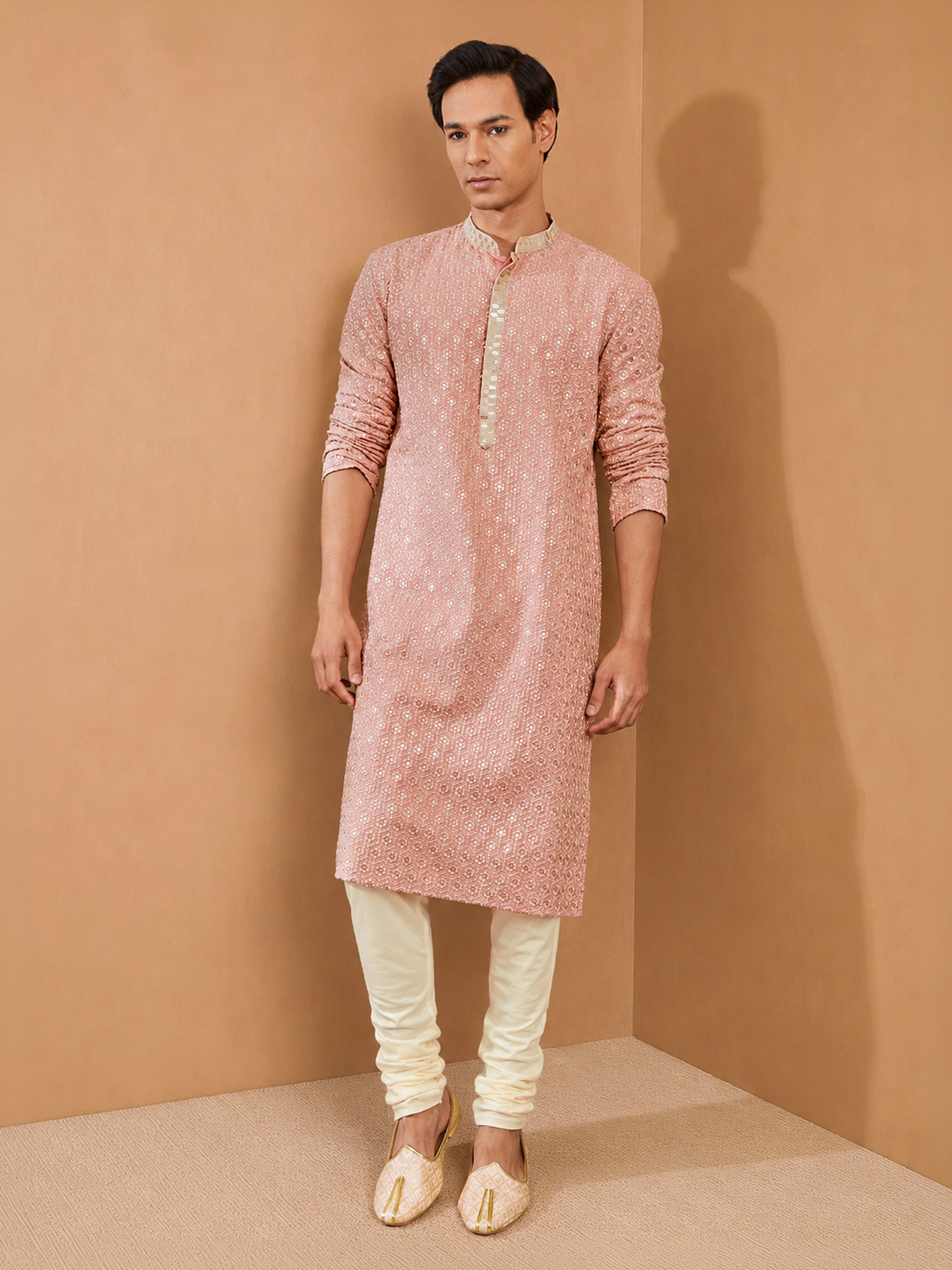 Men's Peach  Embroidered, Sequin Knee Length Kurta Pant Set with Churidar