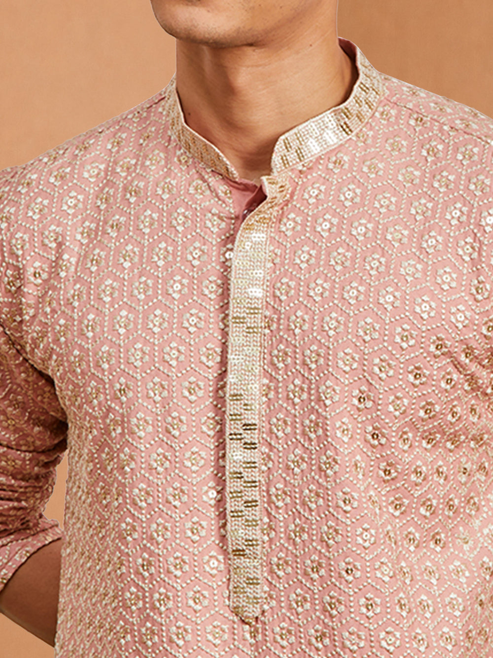 Men's Peach Embroidered Kurta Churidar Set