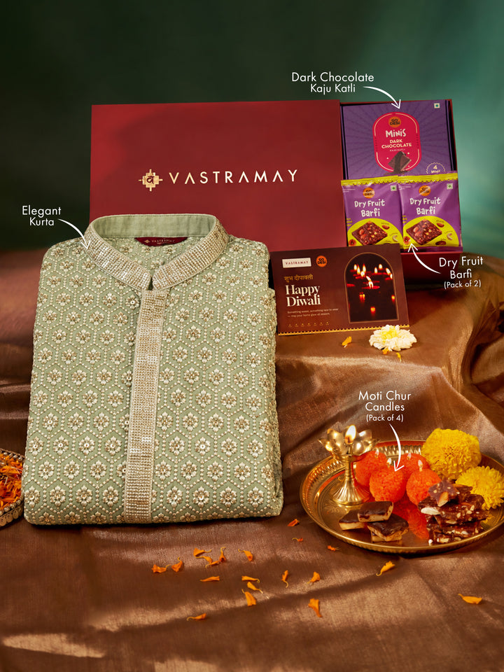 Vastramay Pista Green Embroidered Rayon Kurta | Diwali Gift Box with Go Desi Mithai &amp; 4 Laddoo Candles