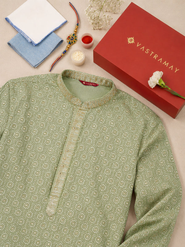 Men's Pista Green Rayon Kurta Rakhi Gift Box for Brother | Includes Rakhi & Gift Box