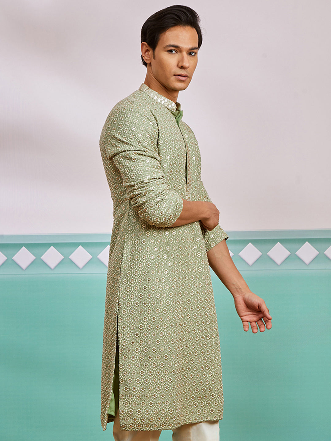 Men's Pista Green Rayon Kurta