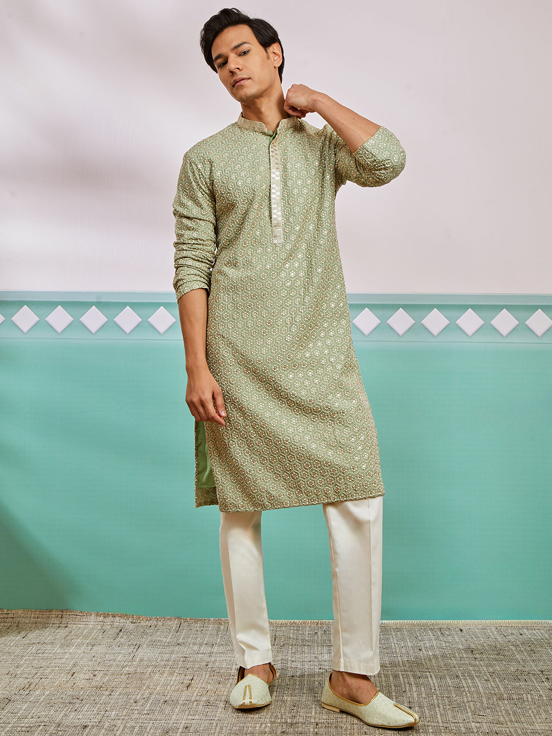 Men's Pista Green Rayon Kurta