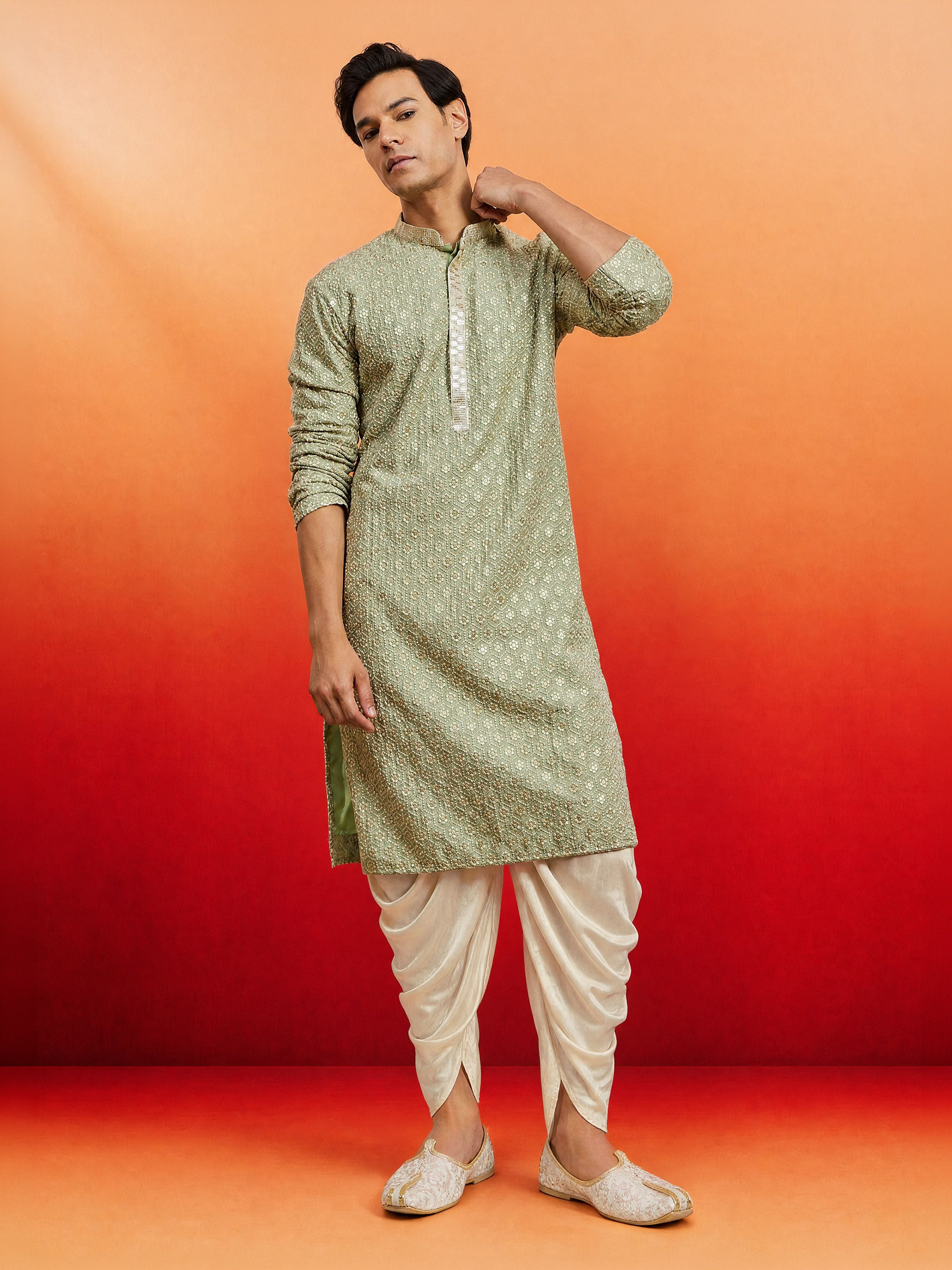 Men Mint Rayon Kurta with Dhoti Festive, Festive Glitz, EID, Wedding, Diwali Ethnic Wear