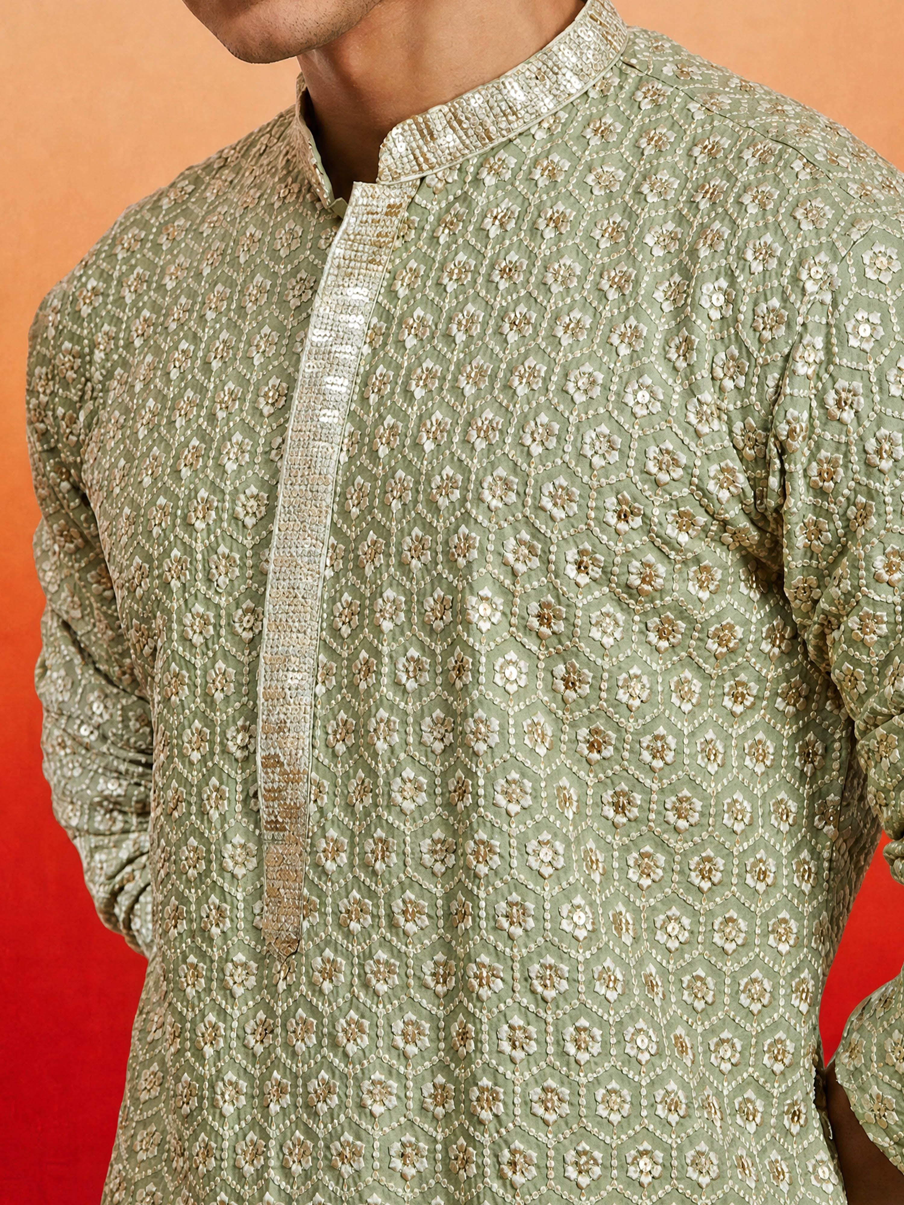 Men's Mint Rayon Embellished Knee Length Kurta with Dhoti