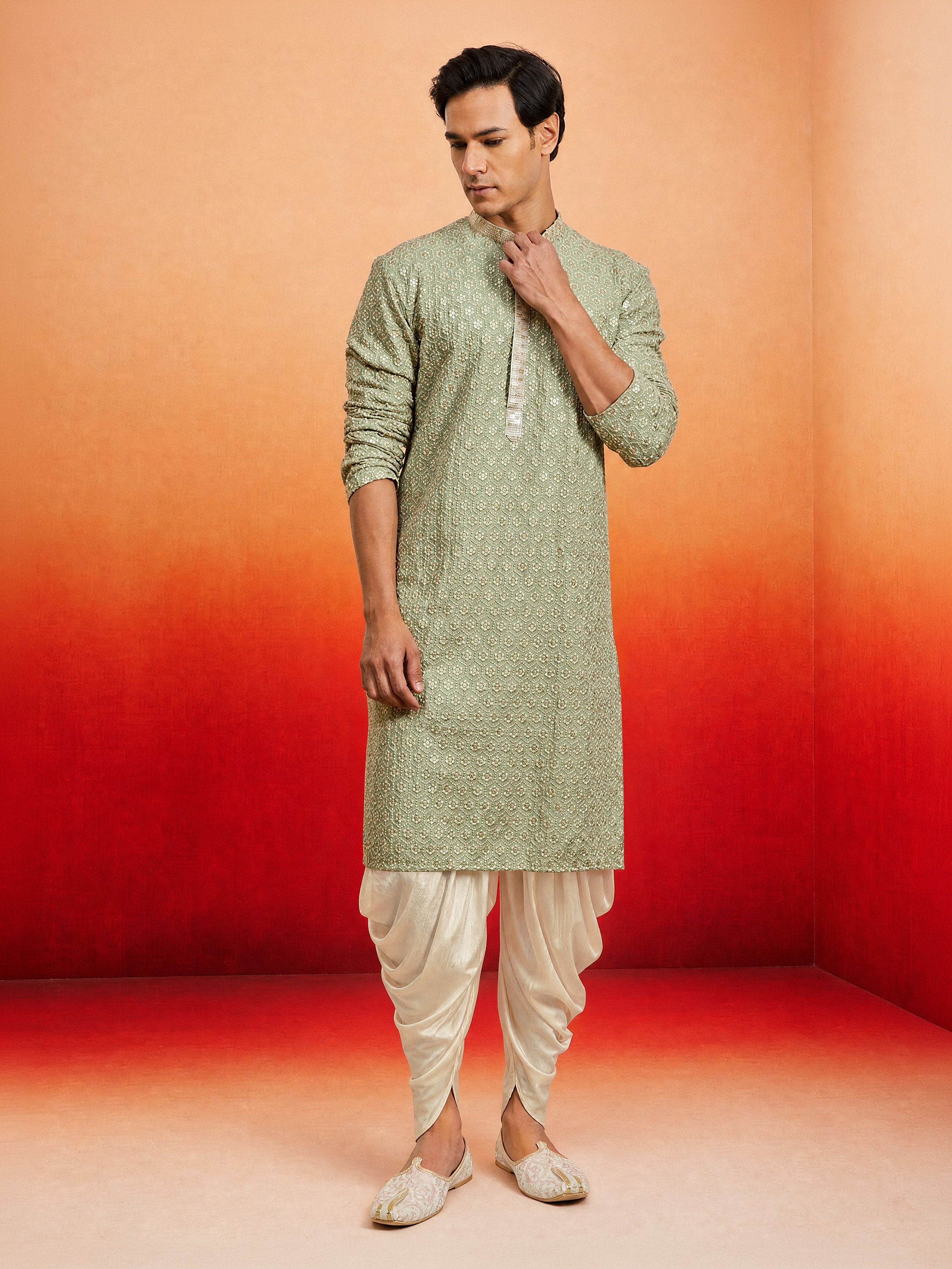 Men's Mint Rayon Embellished Knee Length Kurta with Dhoti