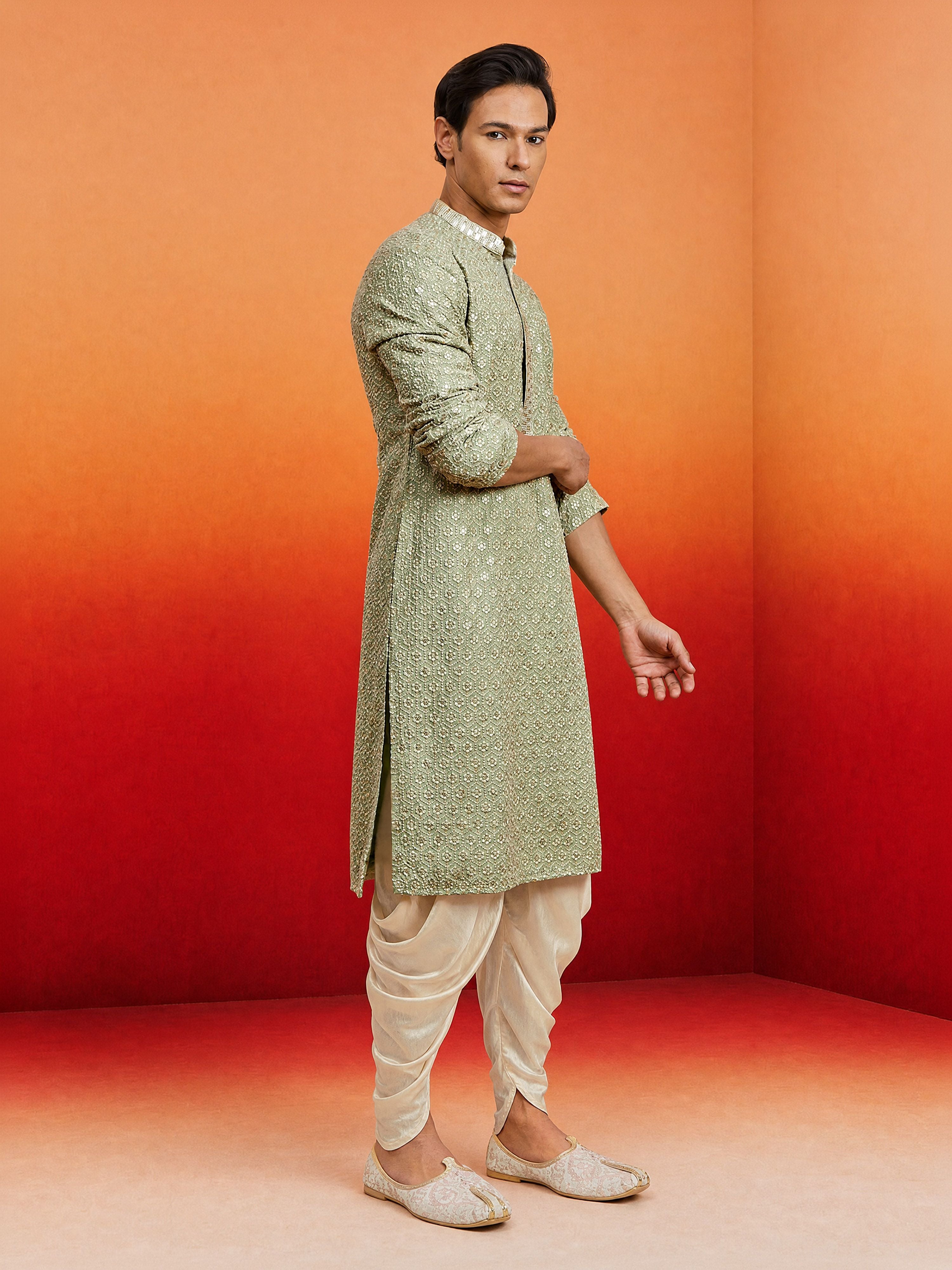 Men's Mint Rayon Embellished Knee Length Kurta with Dhoti