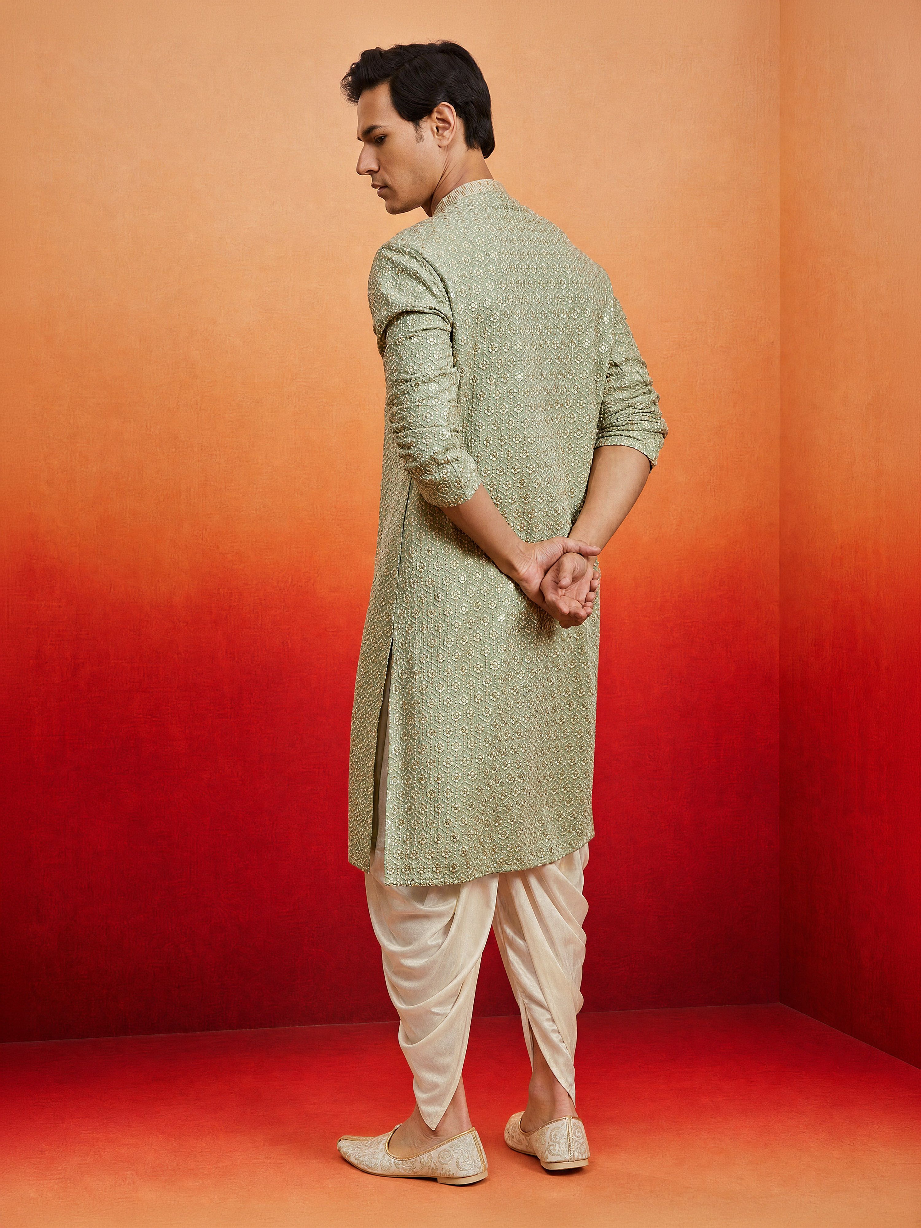 Men's Mint Rayon Embellished Knee Length Kurta with Dhoti