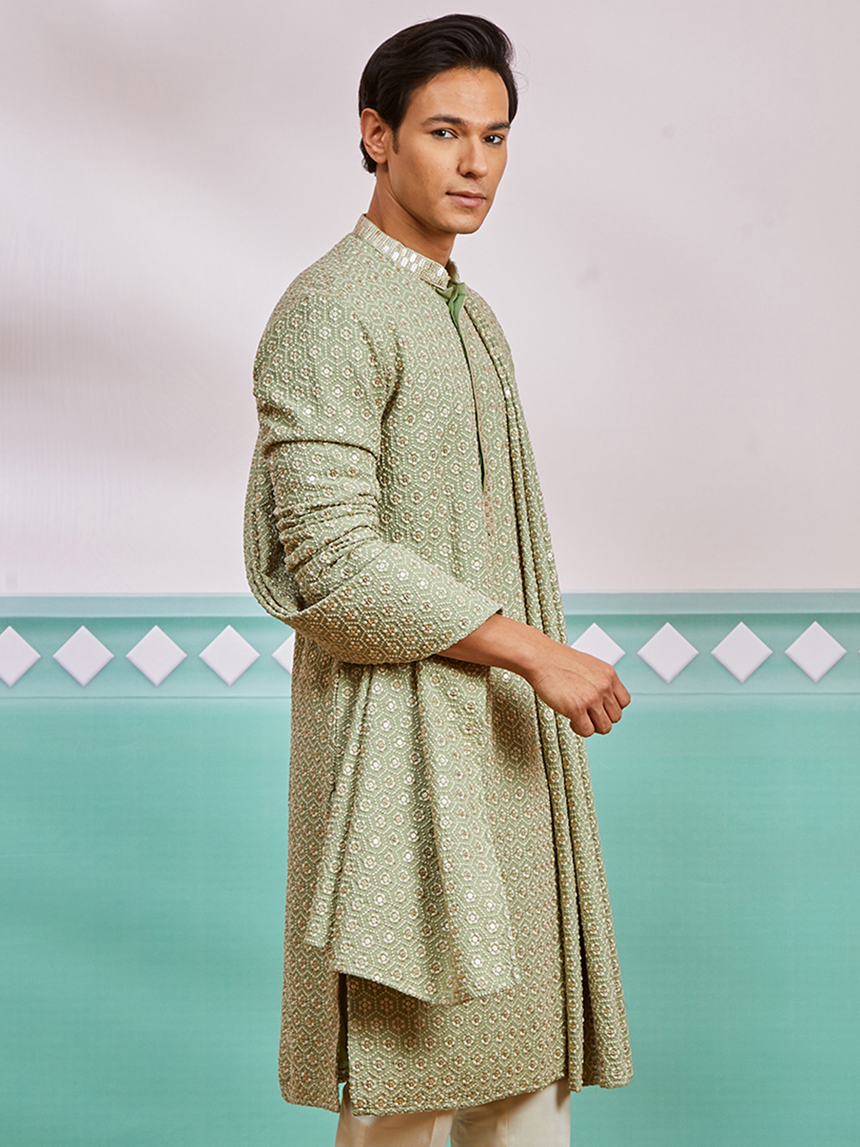 Men's Pista Green Chikankari Rayon Kurta with Silk Dupatta Set