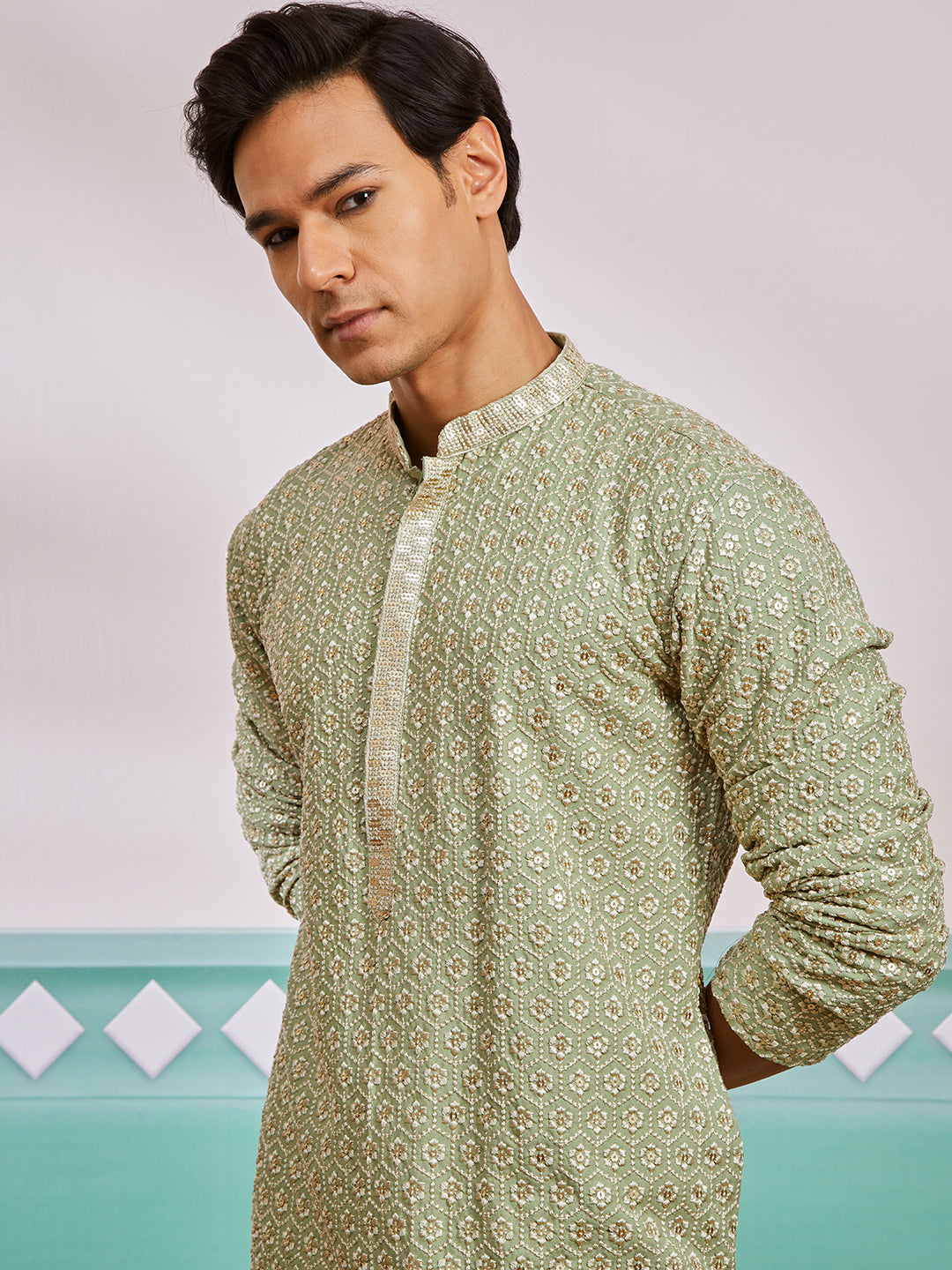 Men's Pista Green Rayon Kurta And Pyjama Set