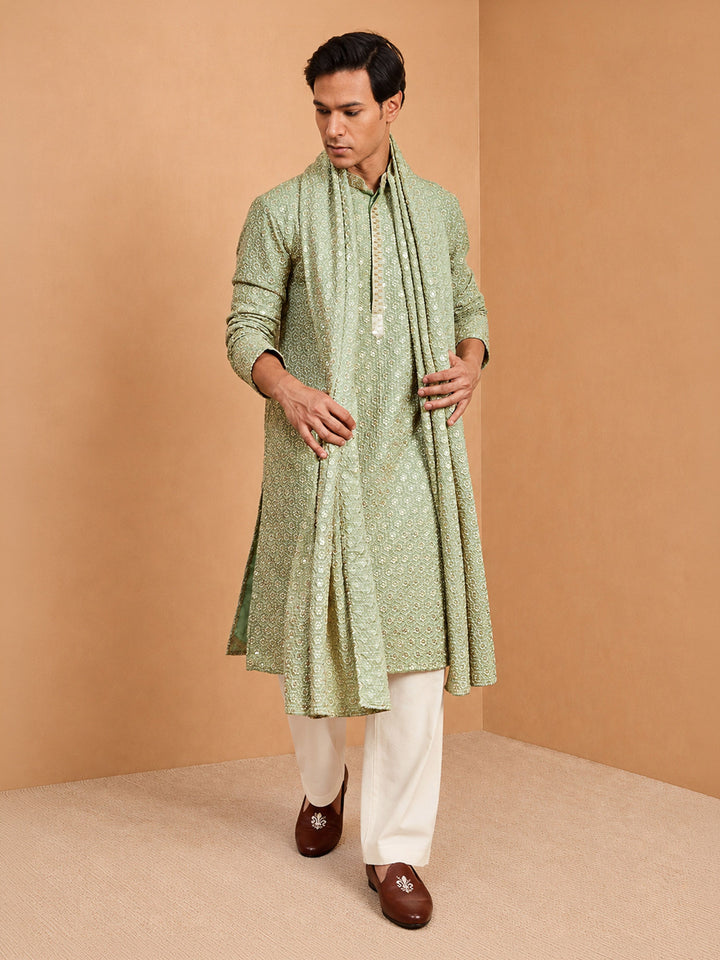 Men Green Rayon Kurta &amp; Palazzo Pant with Dupatta Festive, Diwali Ethnic Wear
