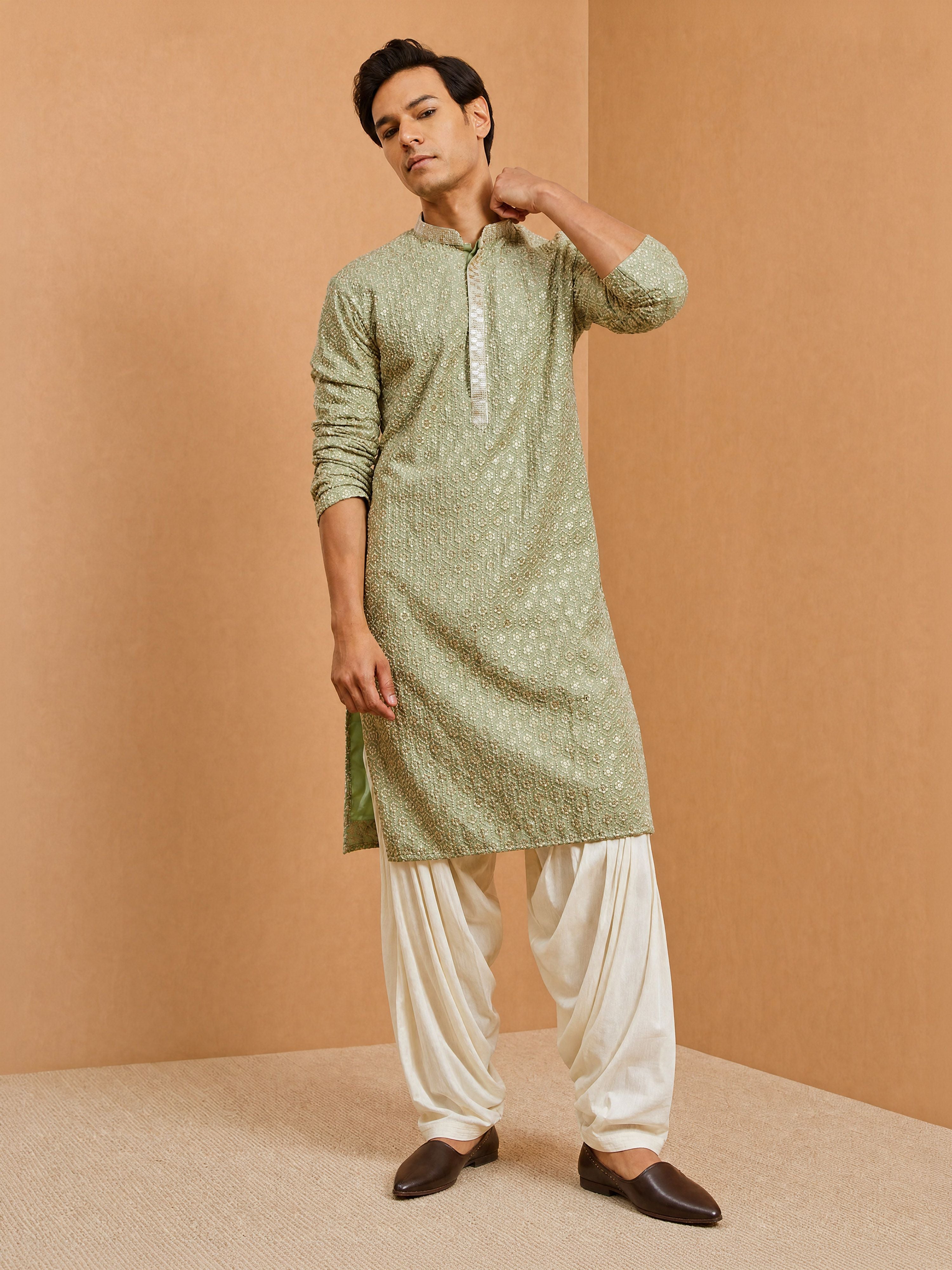 Men Sage Rayon Kurta with Patiayala Festive, Festive Glitz, EID, Wedding, Diwali Ethnic Wear