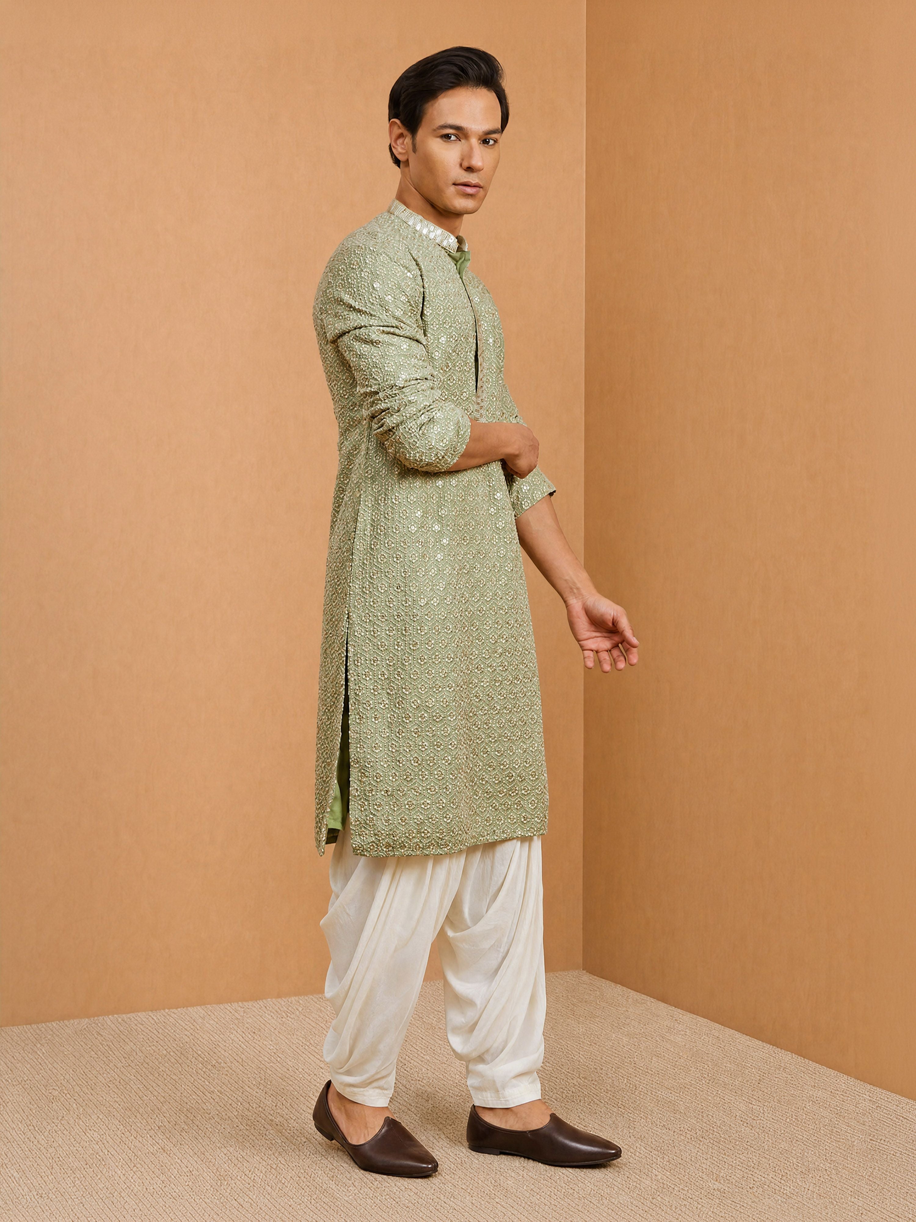 Men's Sage Rayon Embellished Knee Length Kurta with Patiayala
